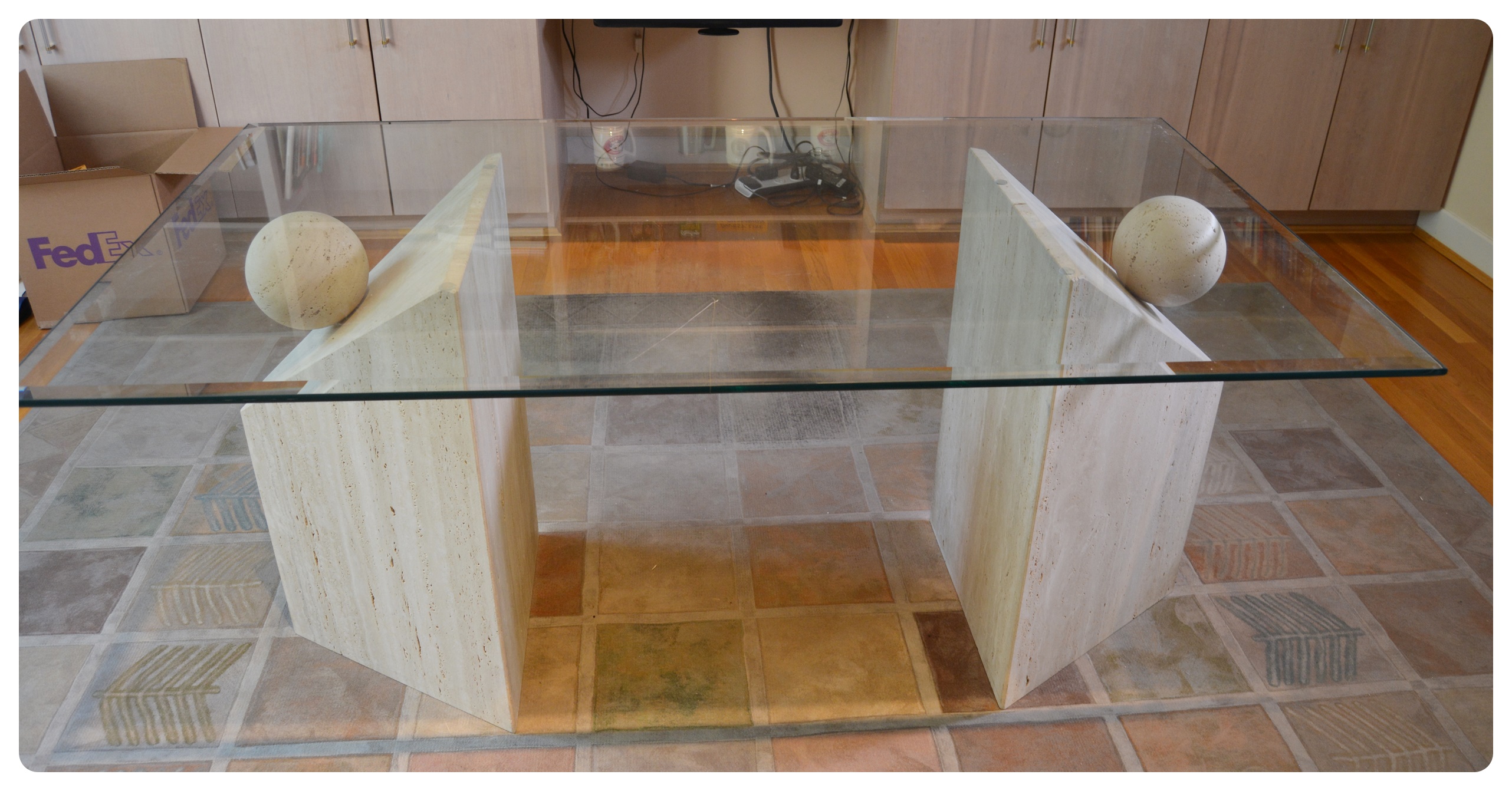 Contemporary Beveled Glass and Travertine Executive Desk