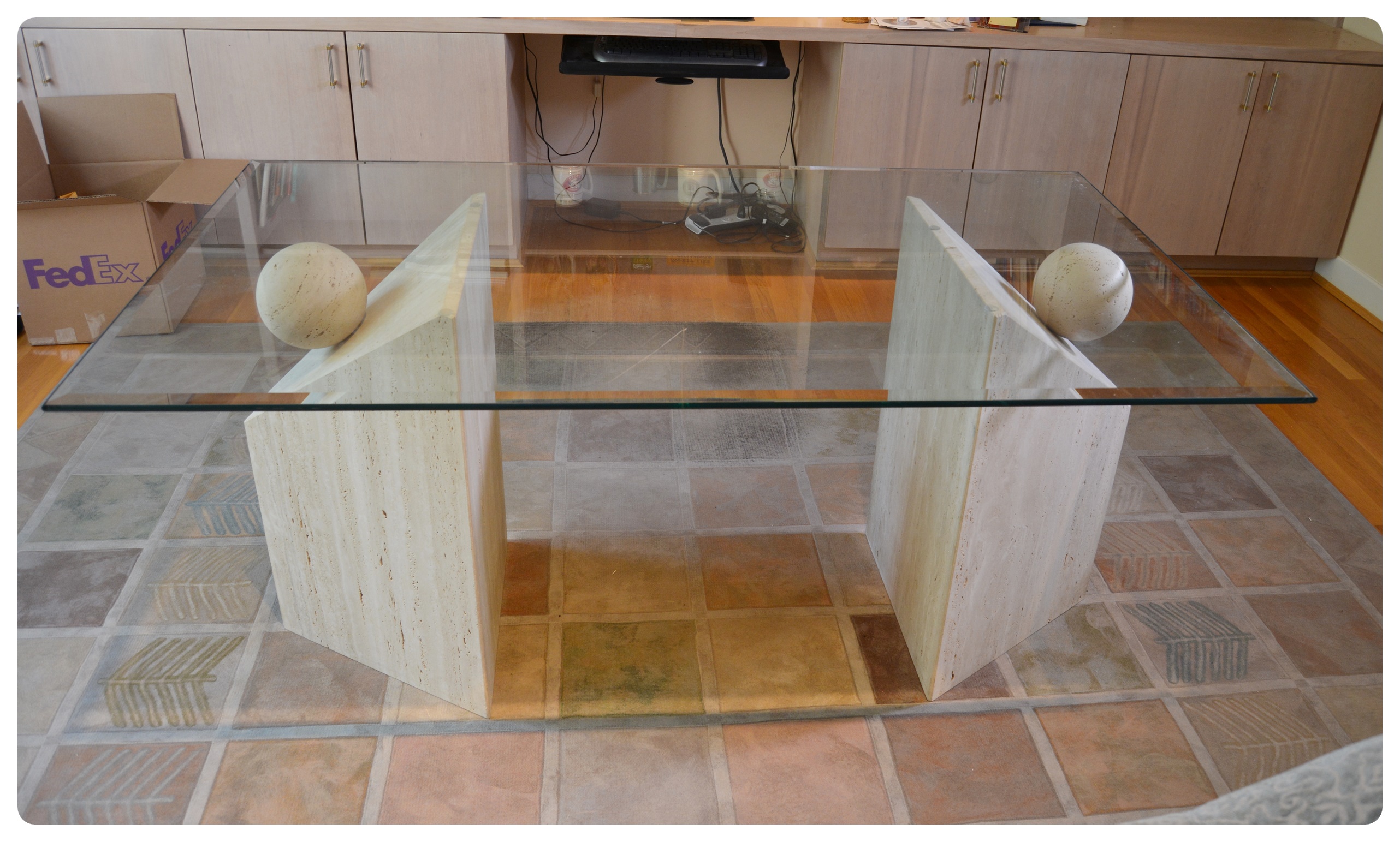 Contemporary Beveled Glass and Travertine Executive Desk