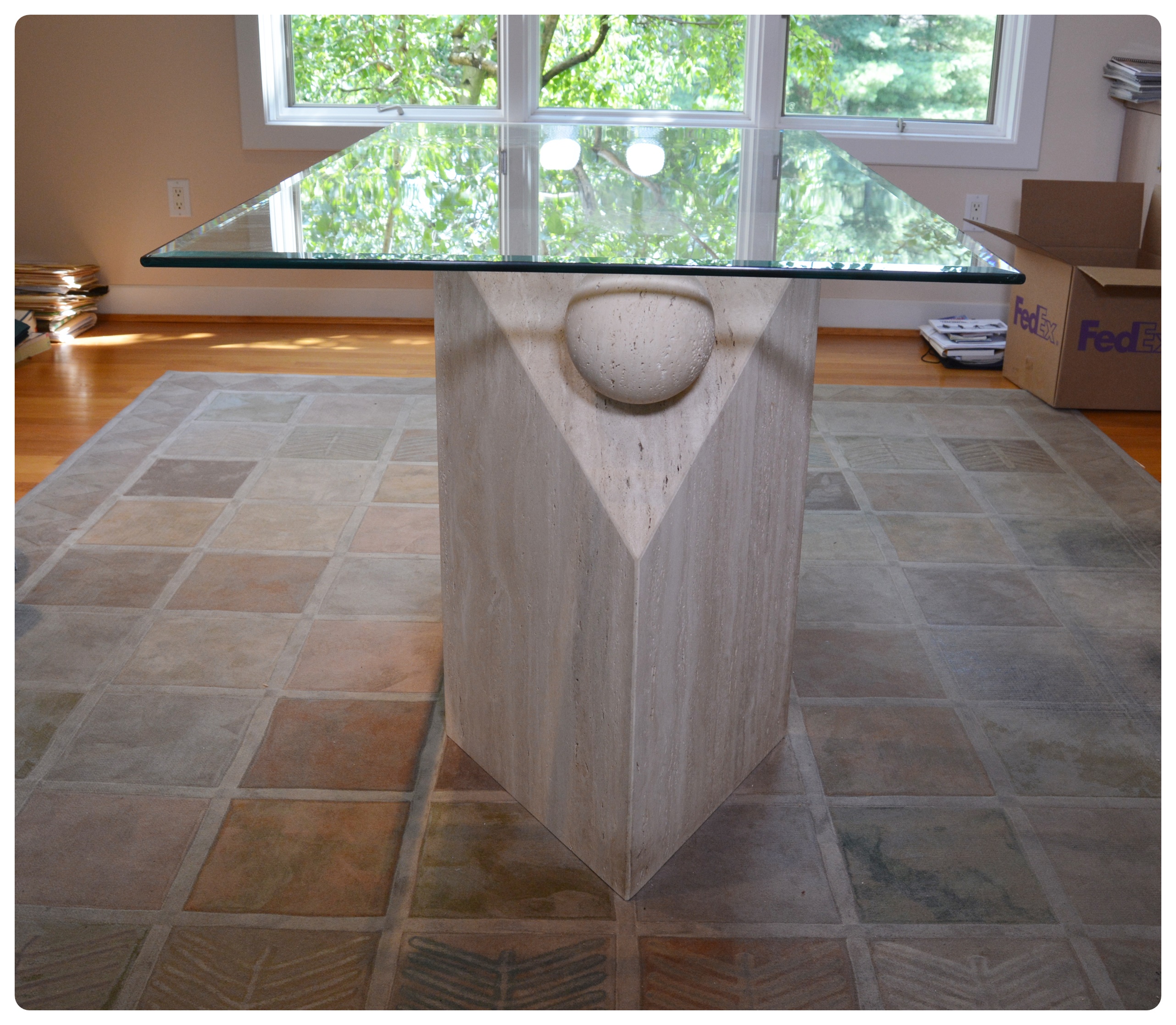 Contemporary Beveled Glass and Travertine Executive Desk