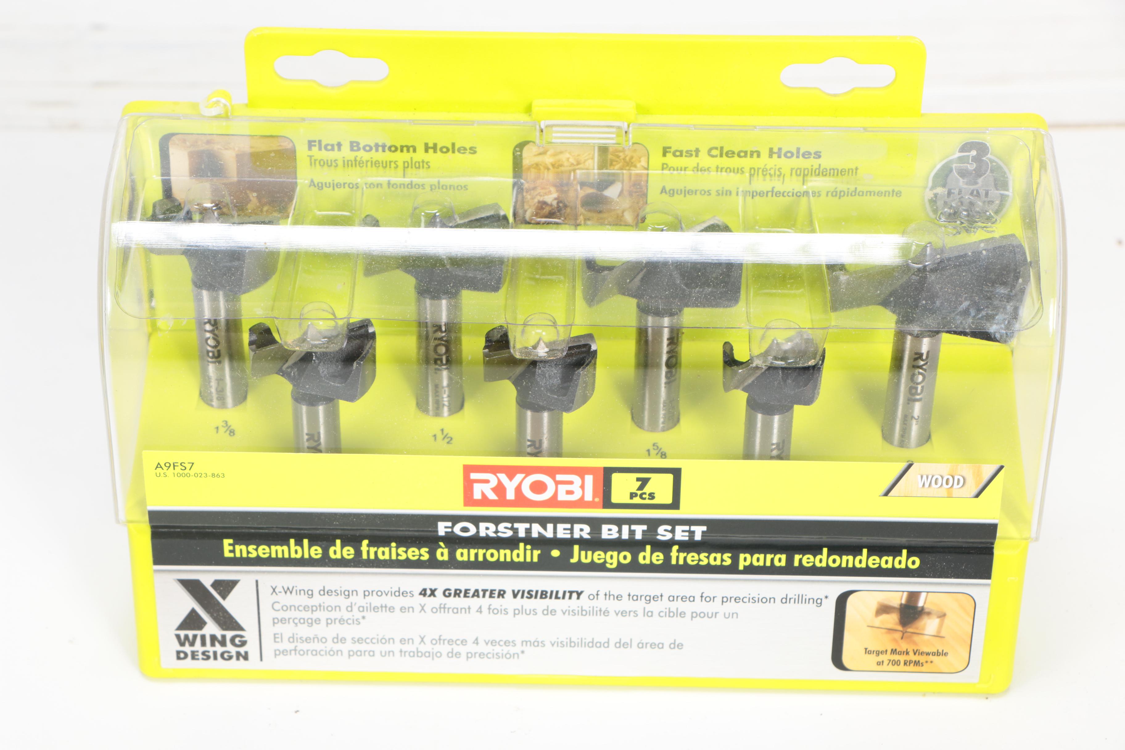 Ryobi Corded Power Tools Including a Router, Sanders, and a Forstner Bit Set