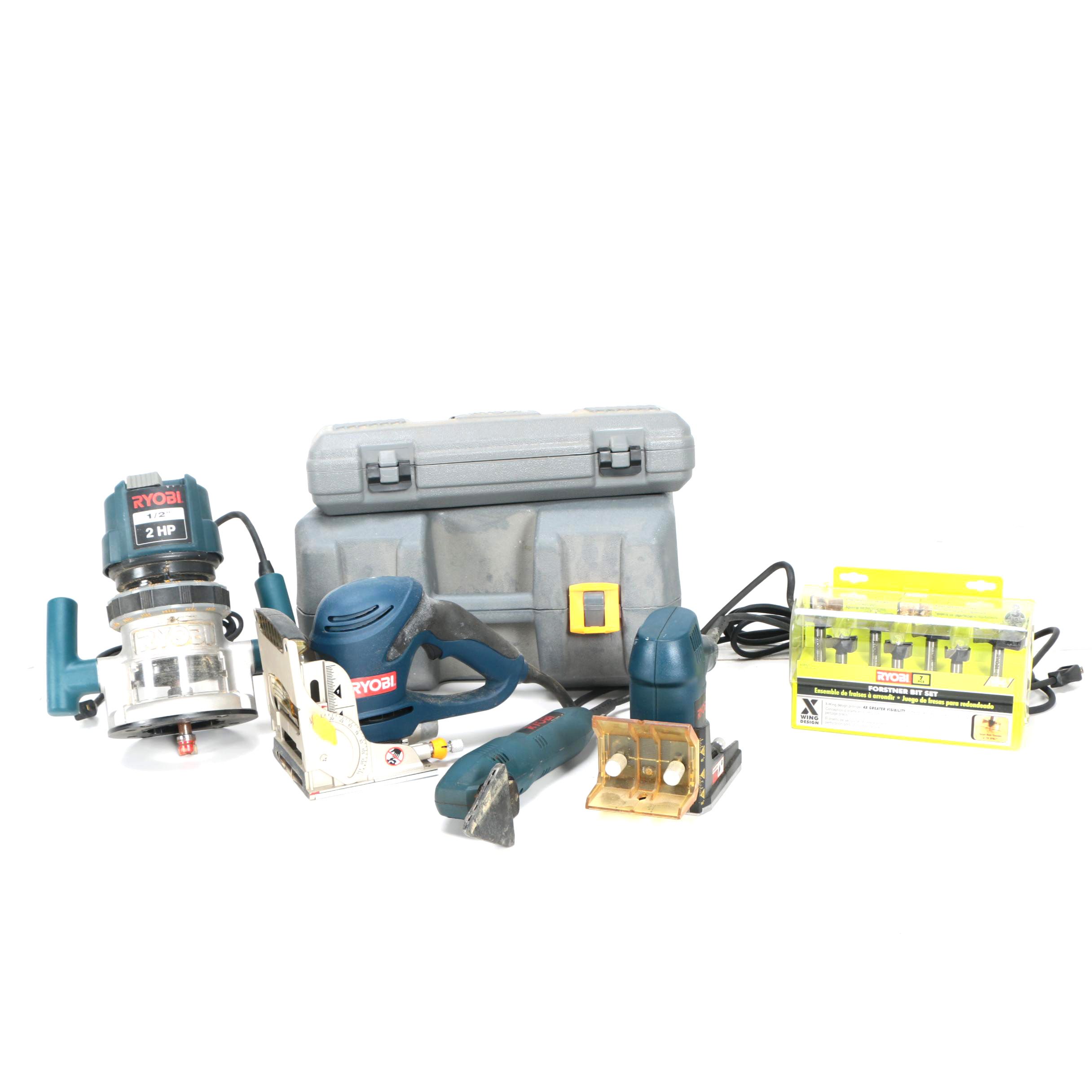 Ryobi Corded Power Tools Including a Router, Sanders, and a Forstner Bit Set