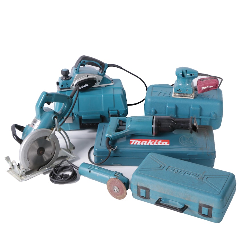 Makita Corded Power Tools Including Saws, a Disc Grinder, and Hand-Held Sanders