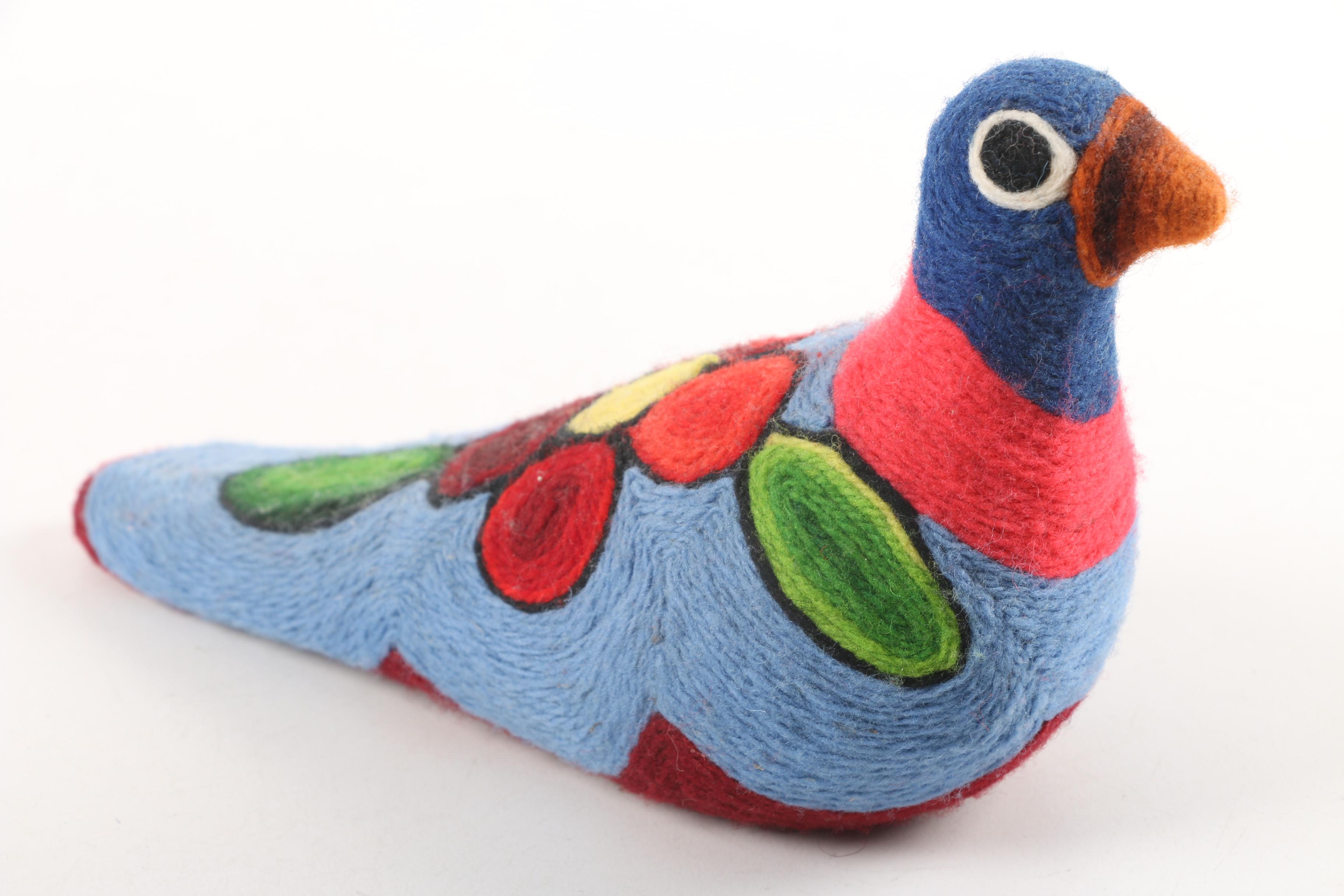 Chinese Stuffed Mouse and Mexican Huichol Style Yarn Wrapped Art Pottery Bird