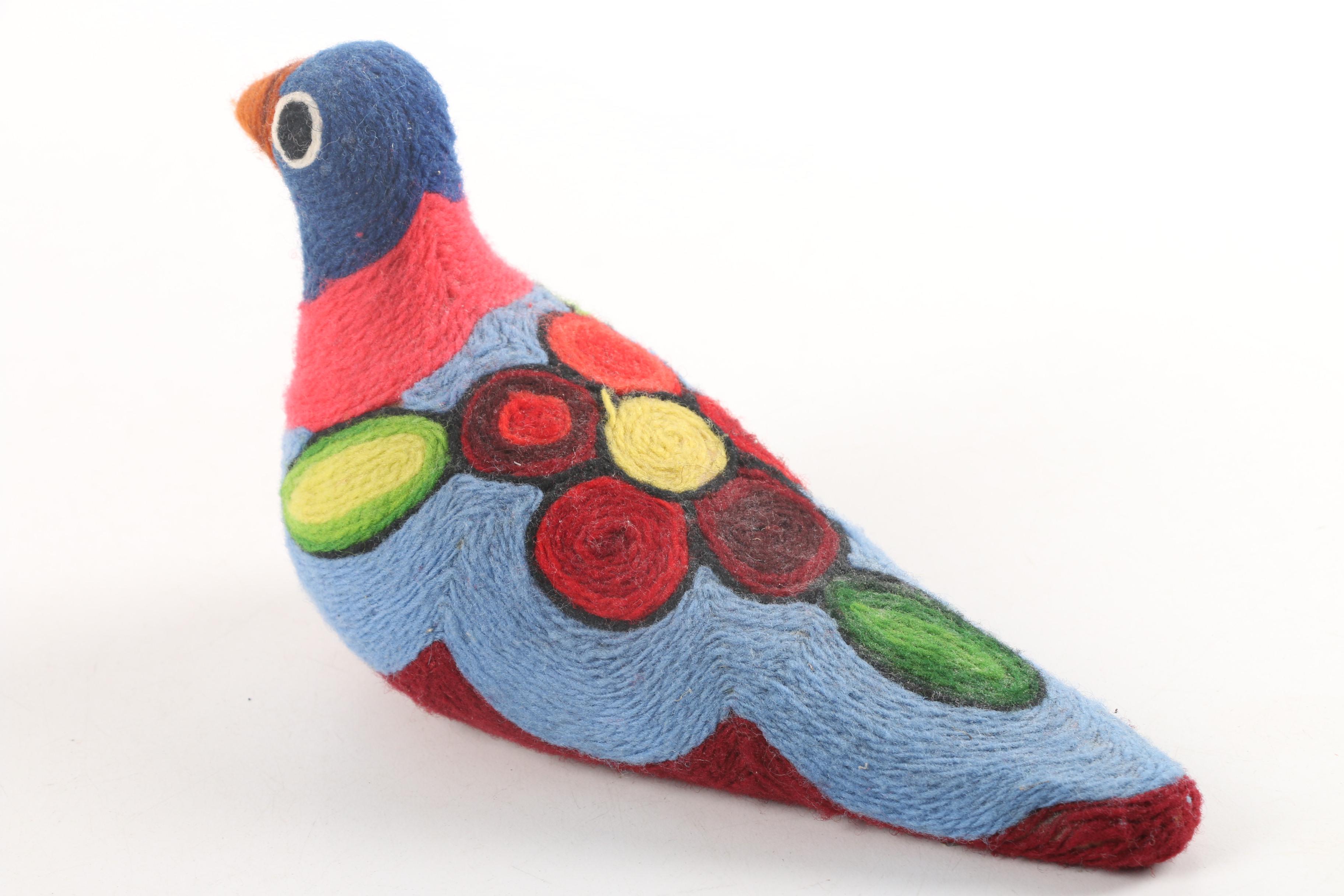 Chinese Stuffed Mouse and Mexican Huichol Style Yarn Wrapped Art Pottery Bird