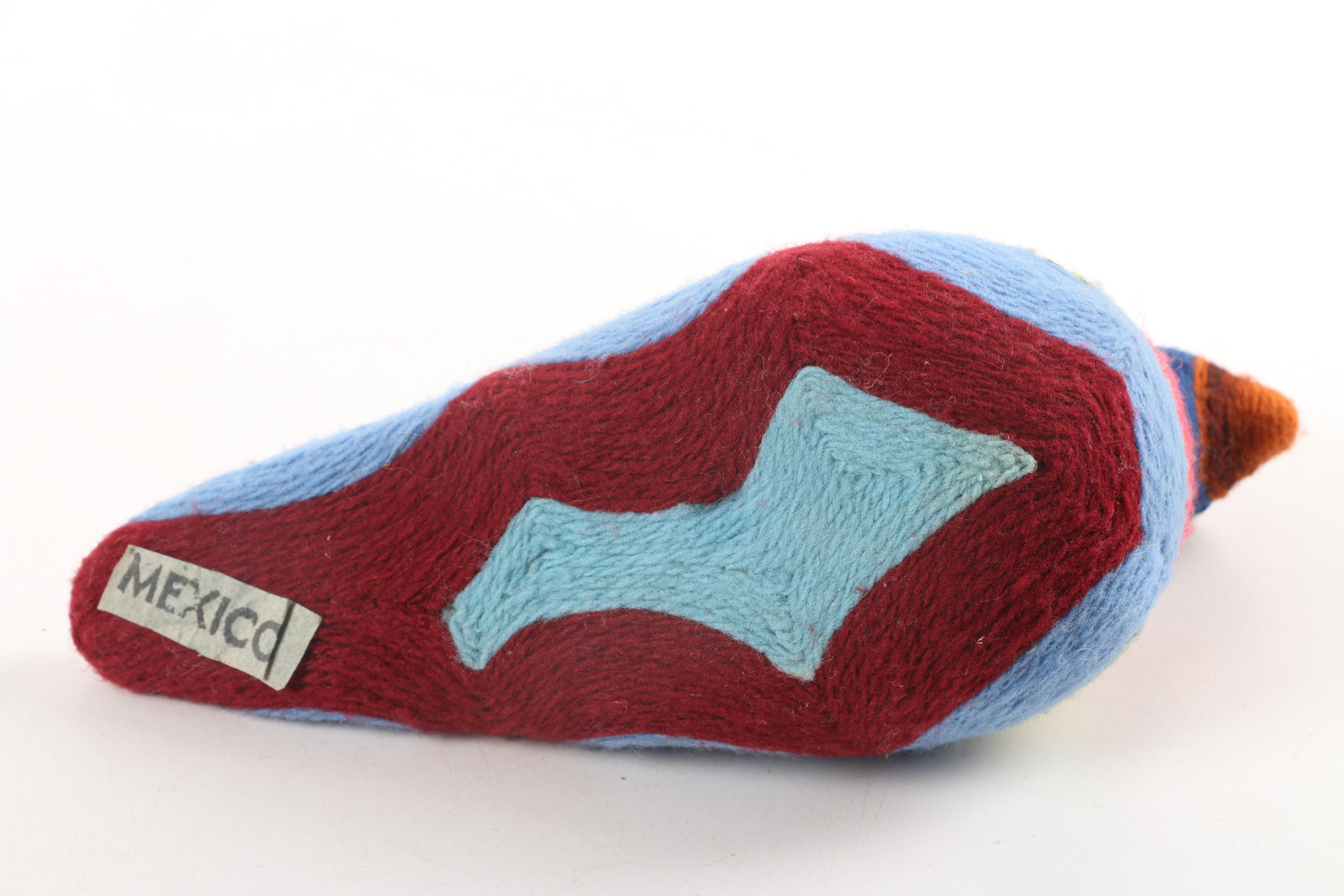 Chinese Stuffed Mouse and Mexican Huichol Style Yarn Wrapped Art Pottery Bird