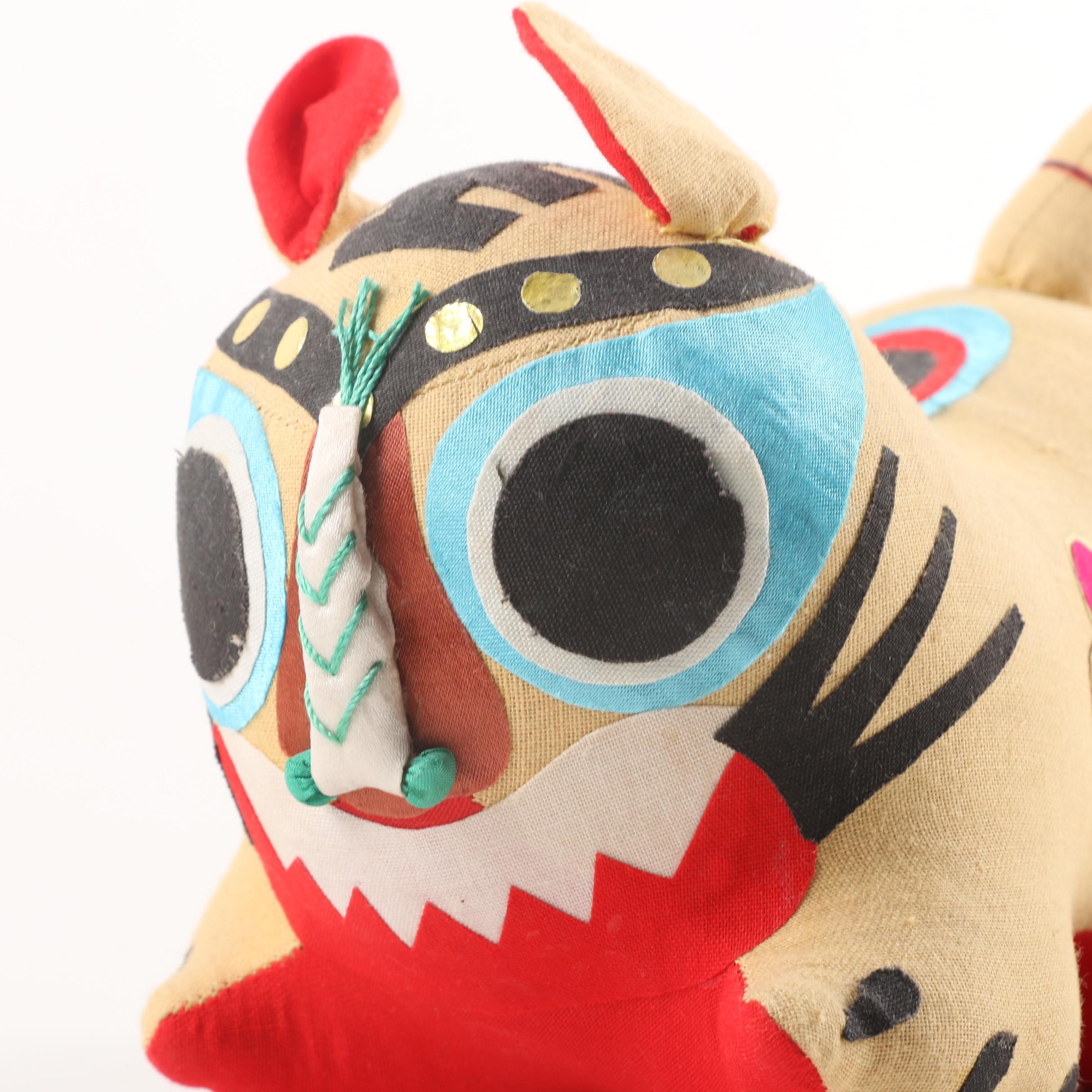 Chinese Stuffed Mouse and Mexican Huichol Style Yarn Wrapped Art Pottery Bird