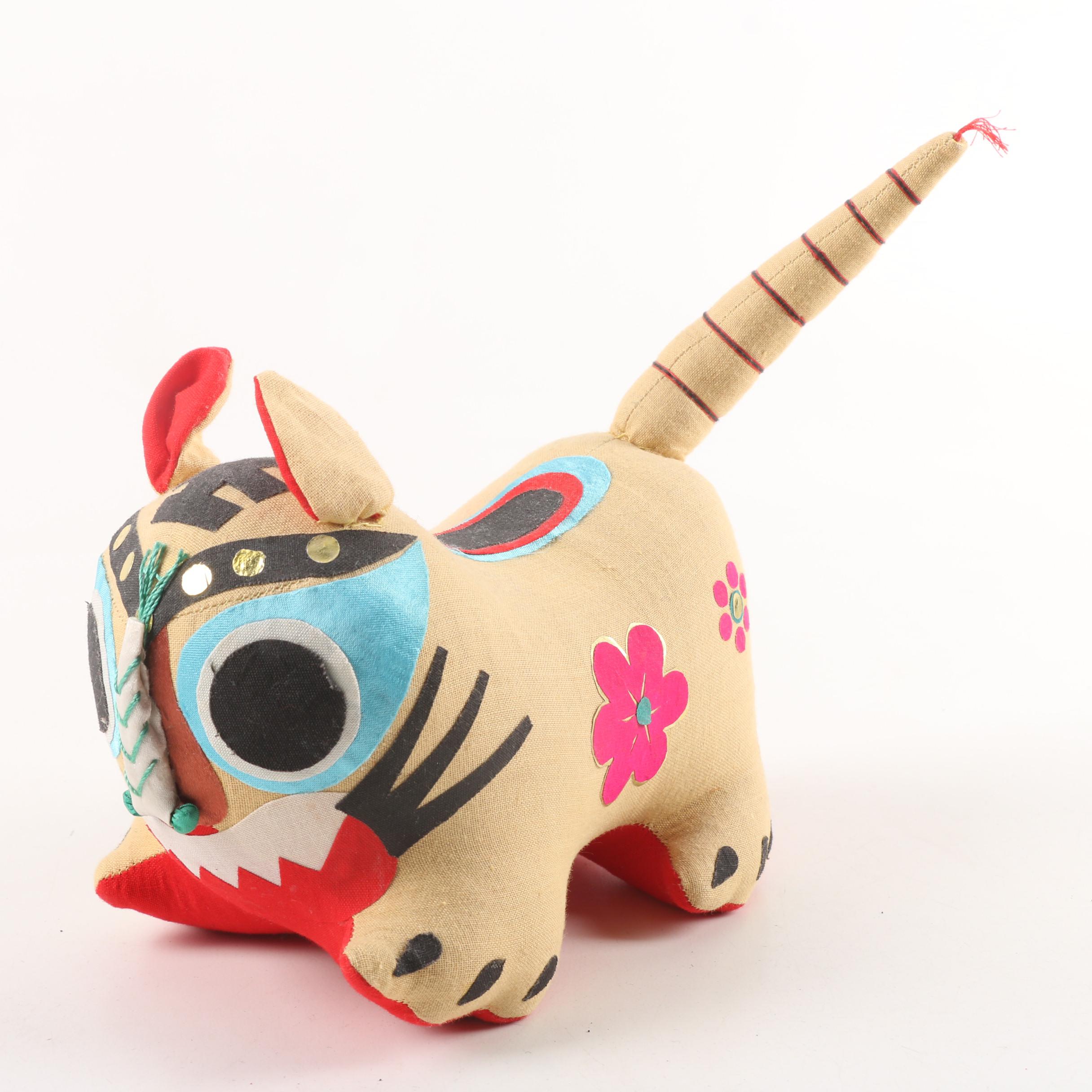 Chinese Stuffed Mouse and Mexican Huichol Style Yarn Wrapped Art Pottery Bird