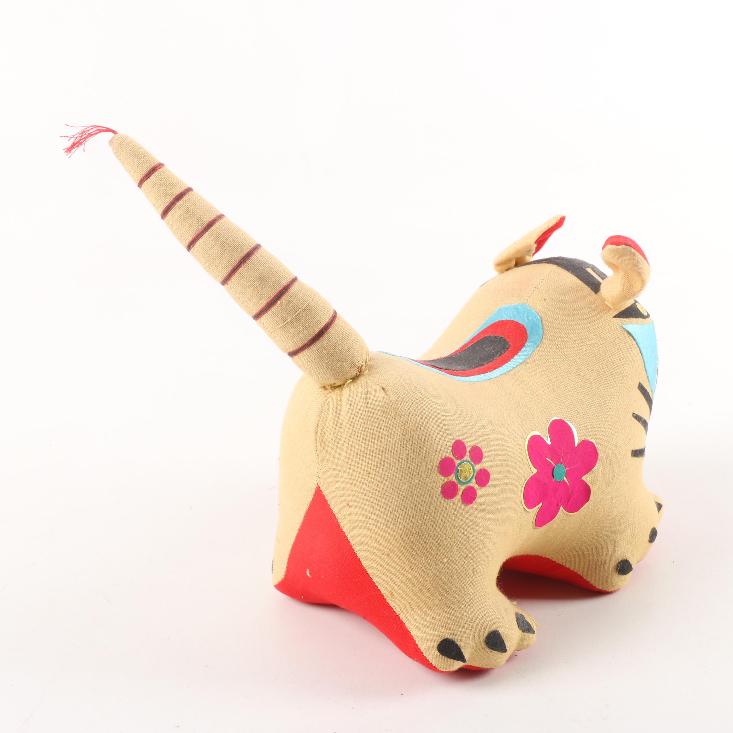 Chinese Stuffed Mouse and Mexican Huichol Style Yarn Wrapped Art Pottery Bird