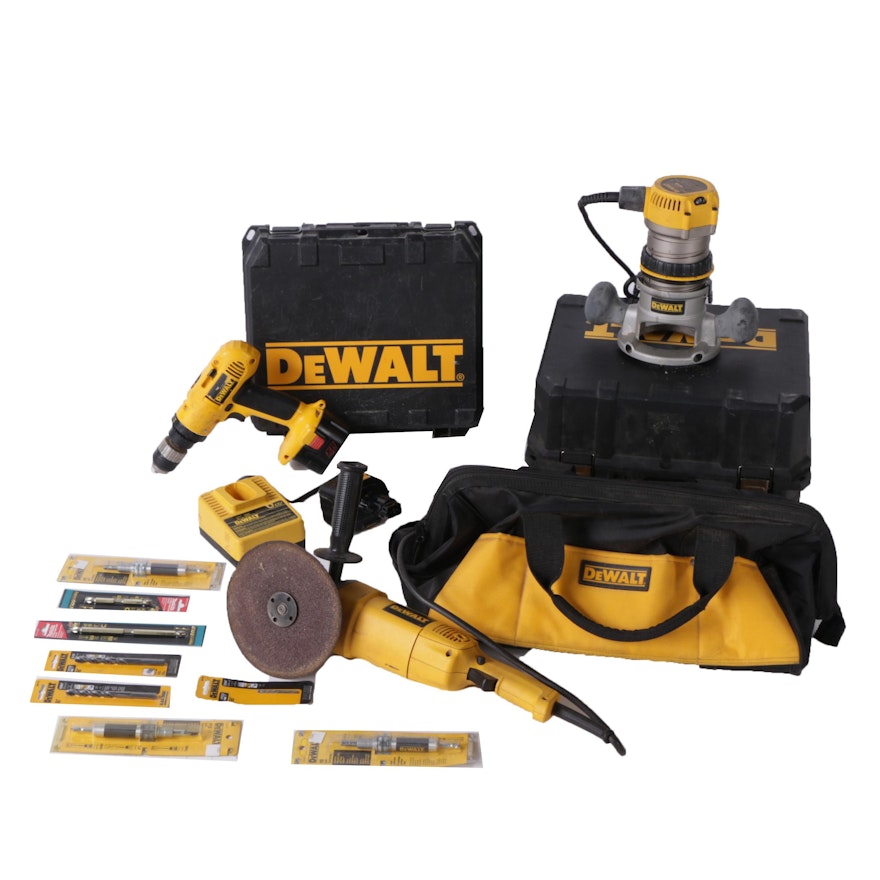 DeWalt Cordless Drill, Router, and Angle Grinder With Accessories