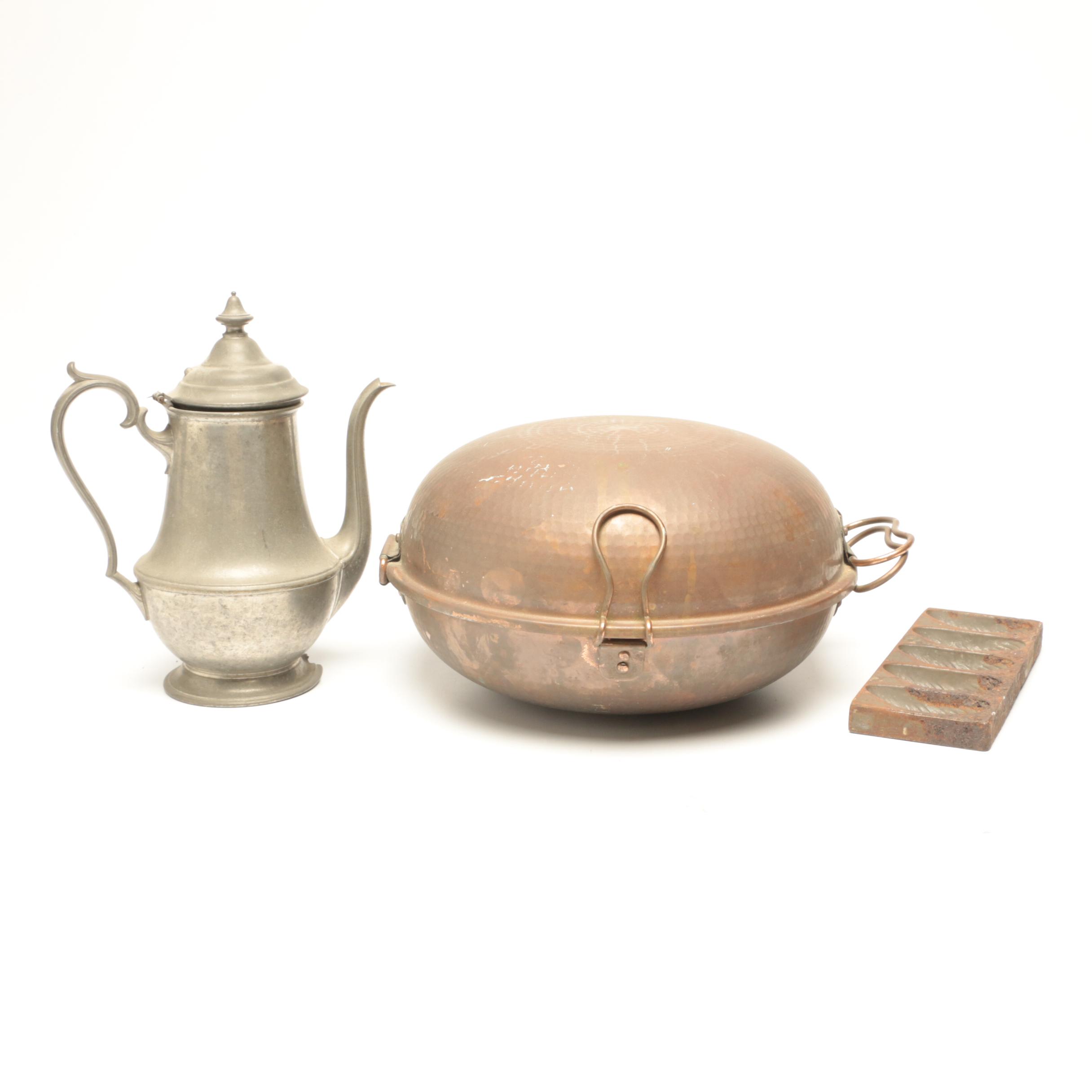 Metalutil Portuguese Copper Seafood Steamer with Mussel Dish and Coffee Pot