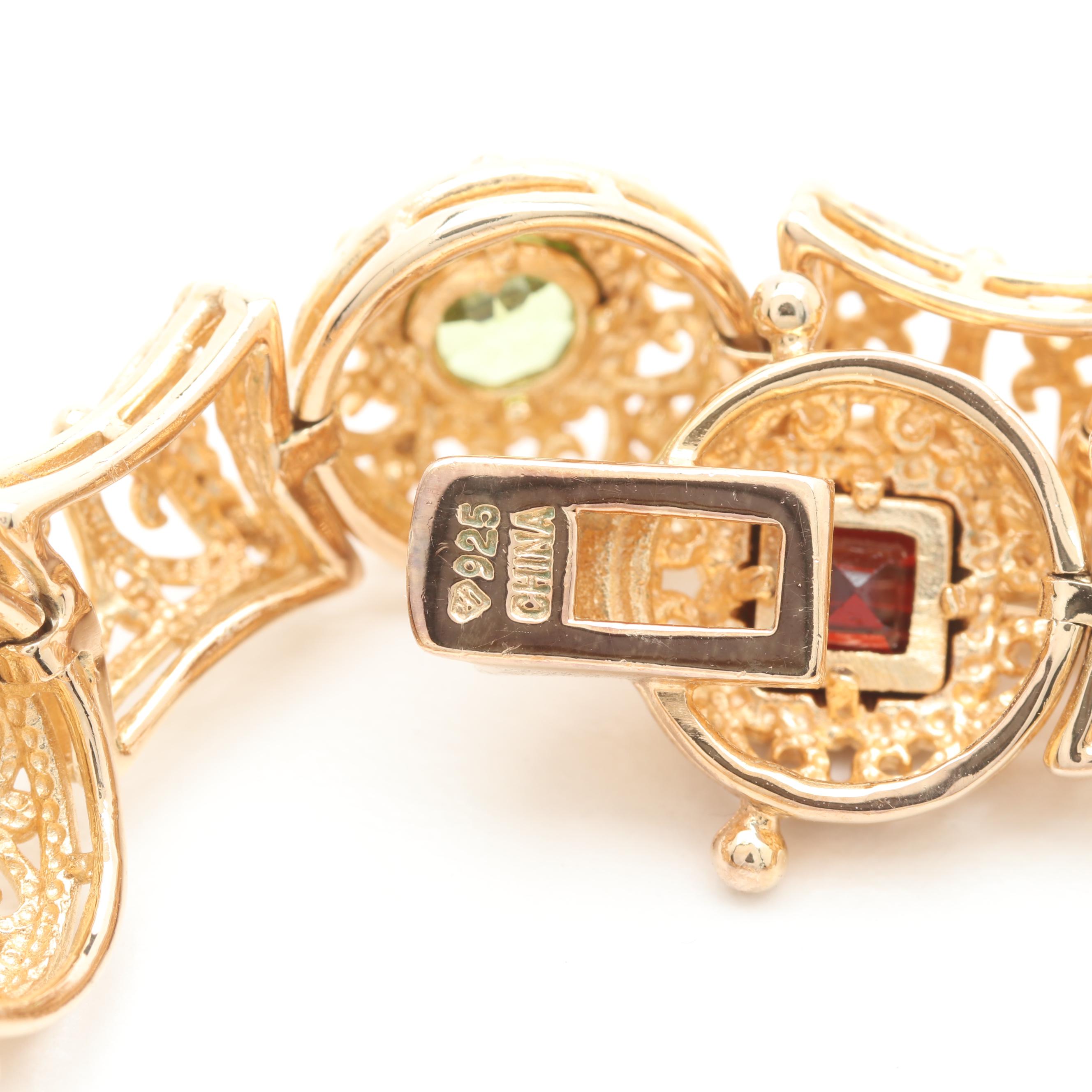 Gold Wash on Sterling Silver Bracelet Featuring Blue Topaz, Garnet and Peridot