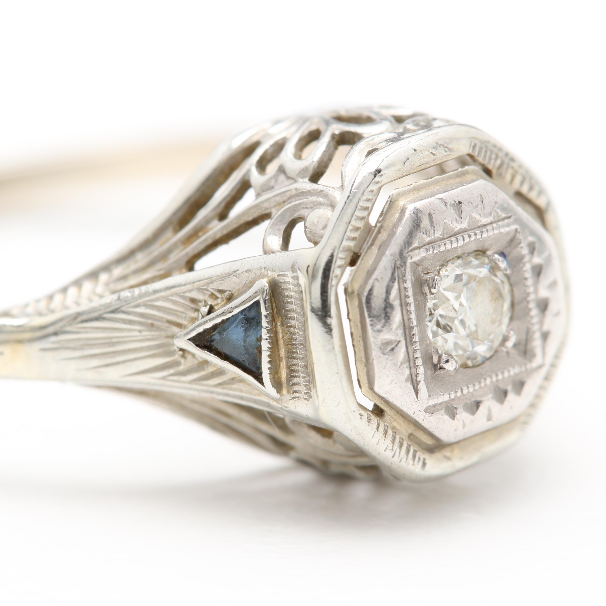 14K and 18K White Gold Diamond and Synthetic Blue Sapphire Ring