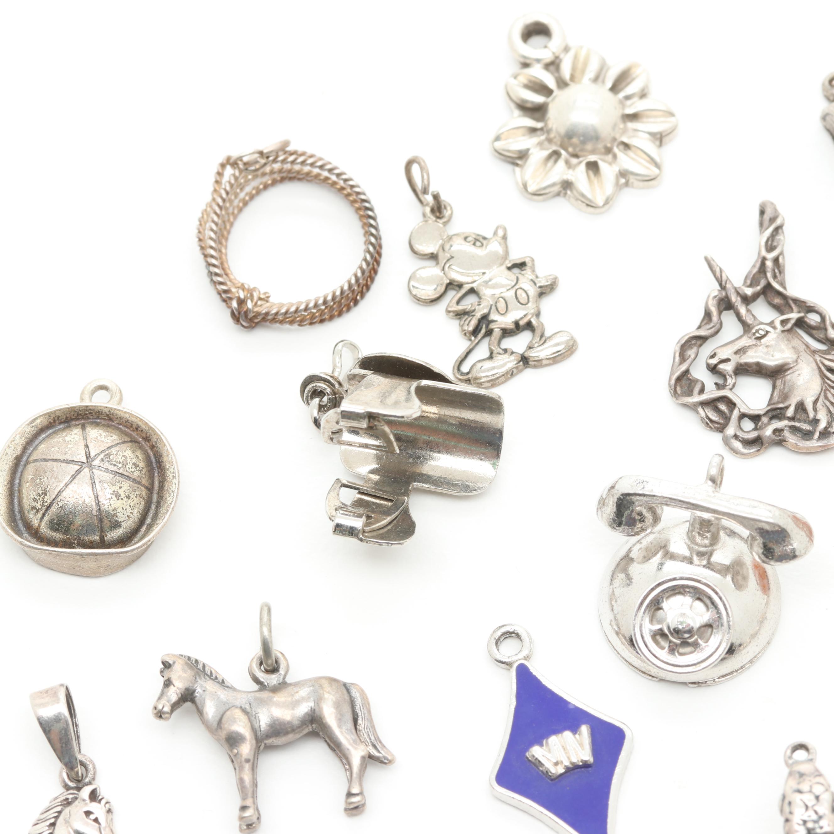 Costume and Sterling Silver Lampwork Glass and Enamel Charm Bracelet and Charms