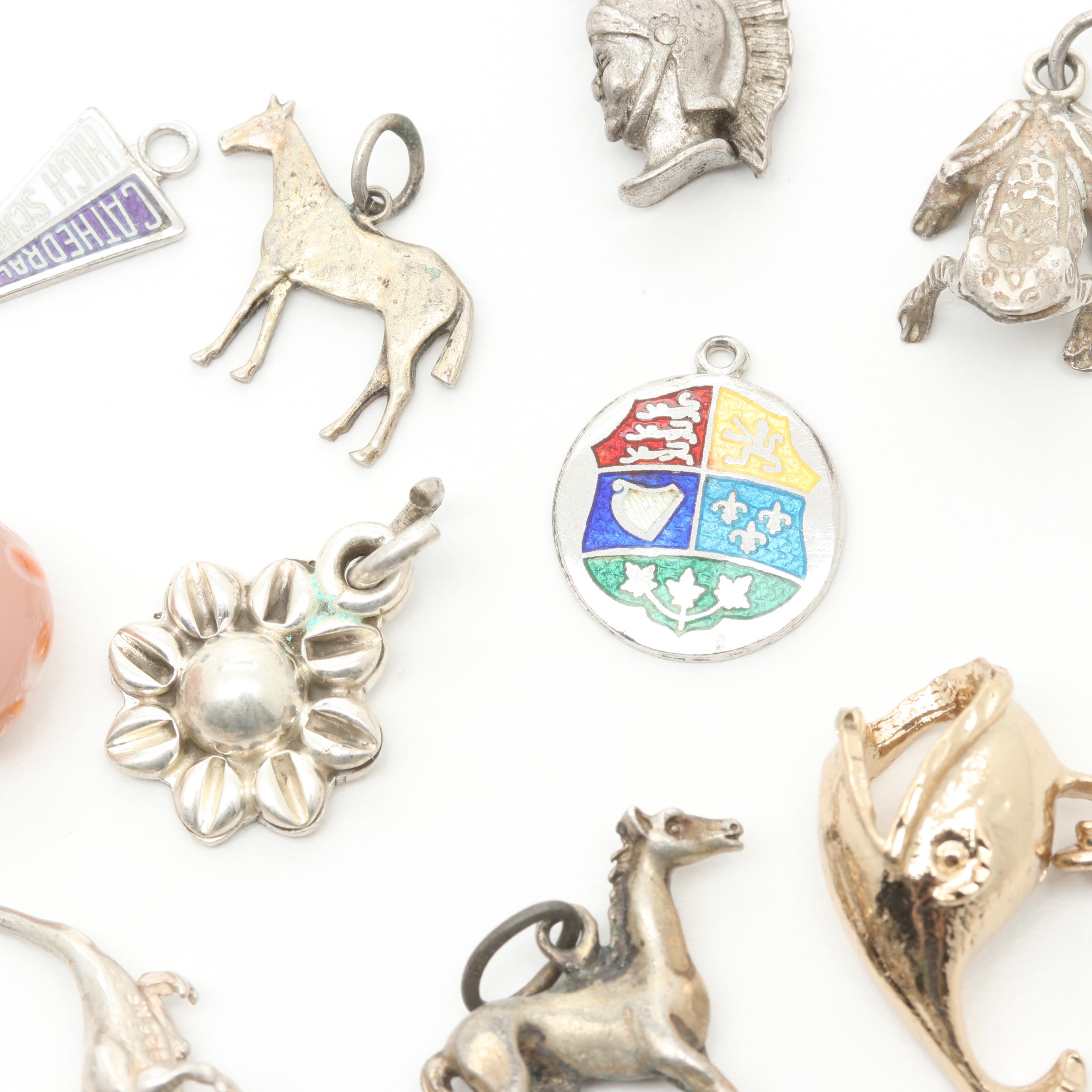 Costume and Sterling Silver Lampwork Glass and Enamel Charm Bracelet and Charms