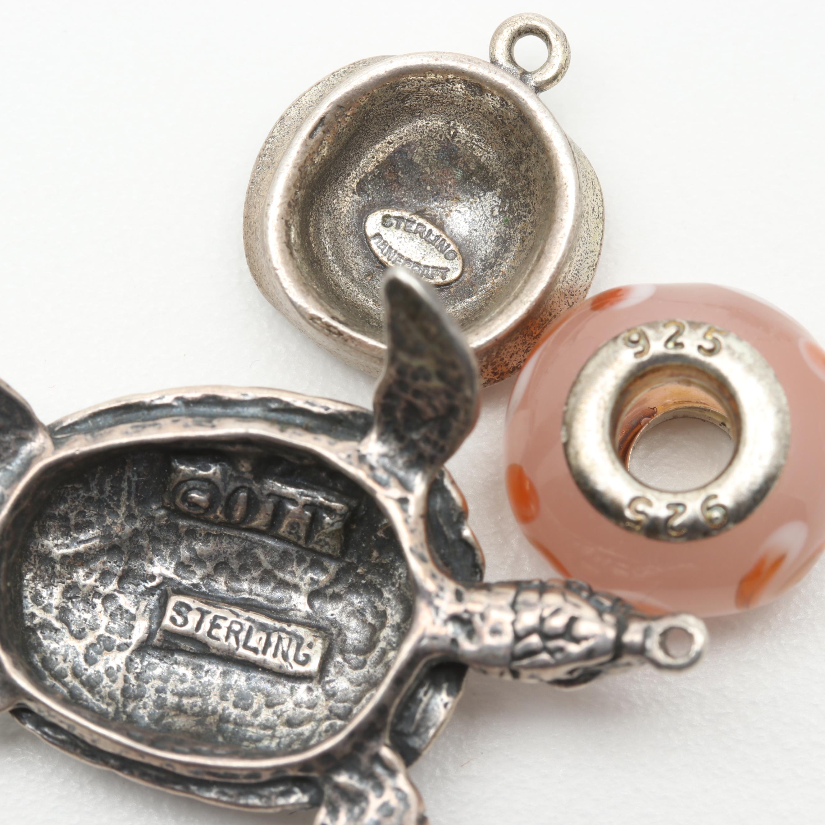 Costume and Sterling Silver Lampwork Glass and Enamel Charm Bracelet and Charms