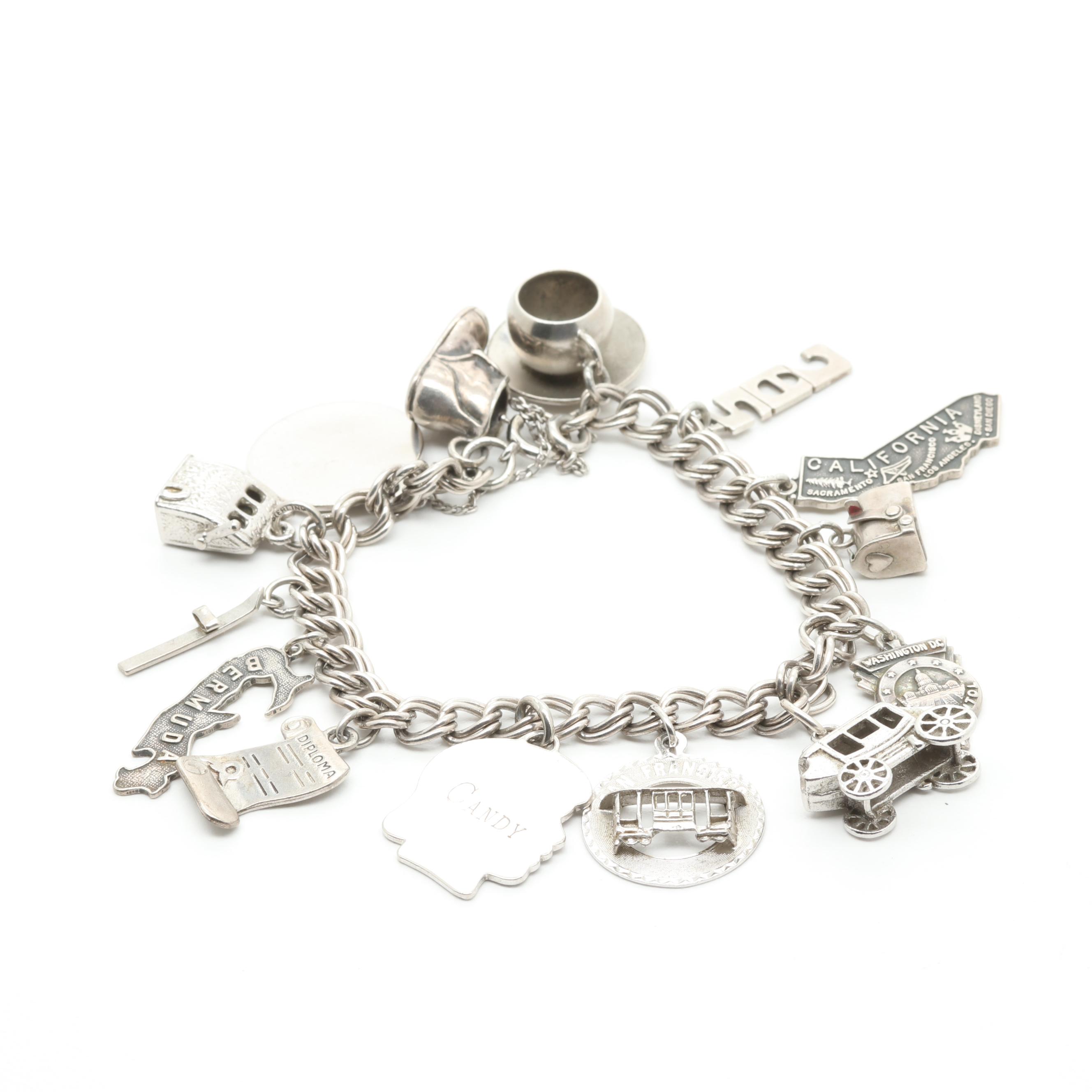 Costume and Sterling Silver Lampwork Glass and Enamel Charm Bracelet and Charms