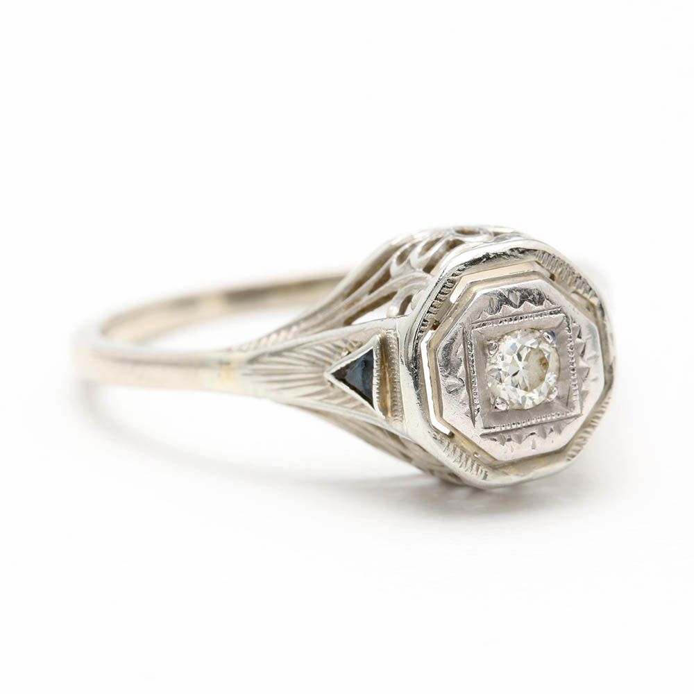 14K and 18K White Gold Diamond and Synthetic Blue Sapphire Ring