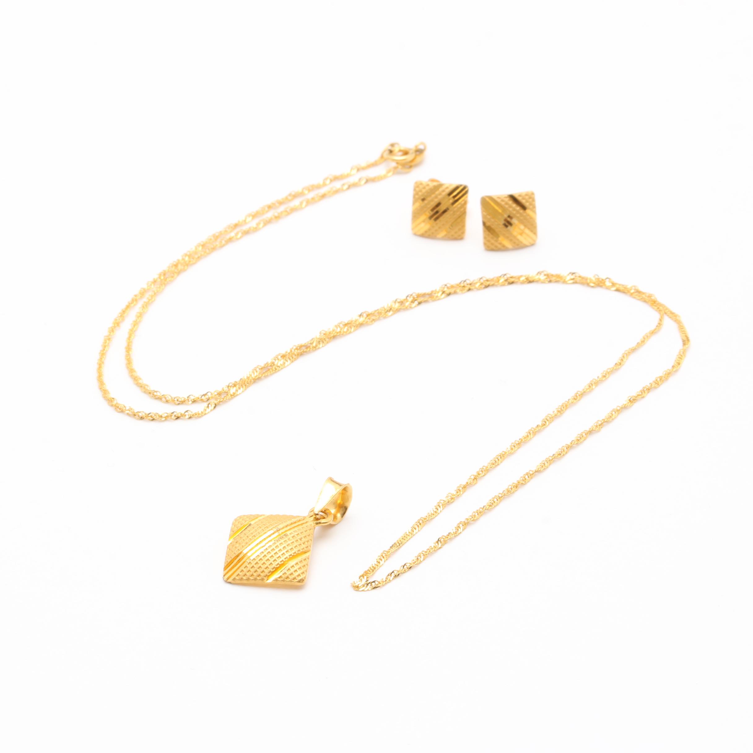 18K Yellow Gold Pendant Necklace and Earrings