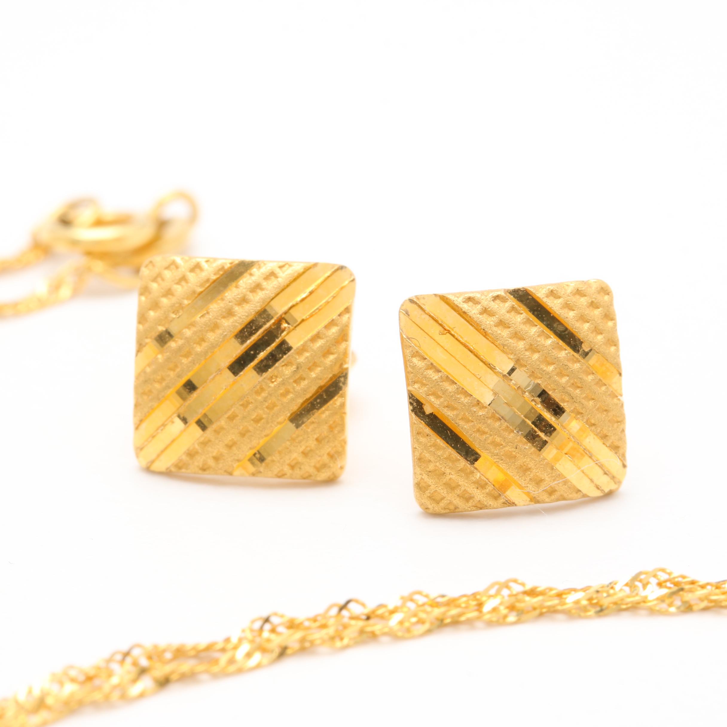 18K Yellow Gold Pendant Necklace and Earrings