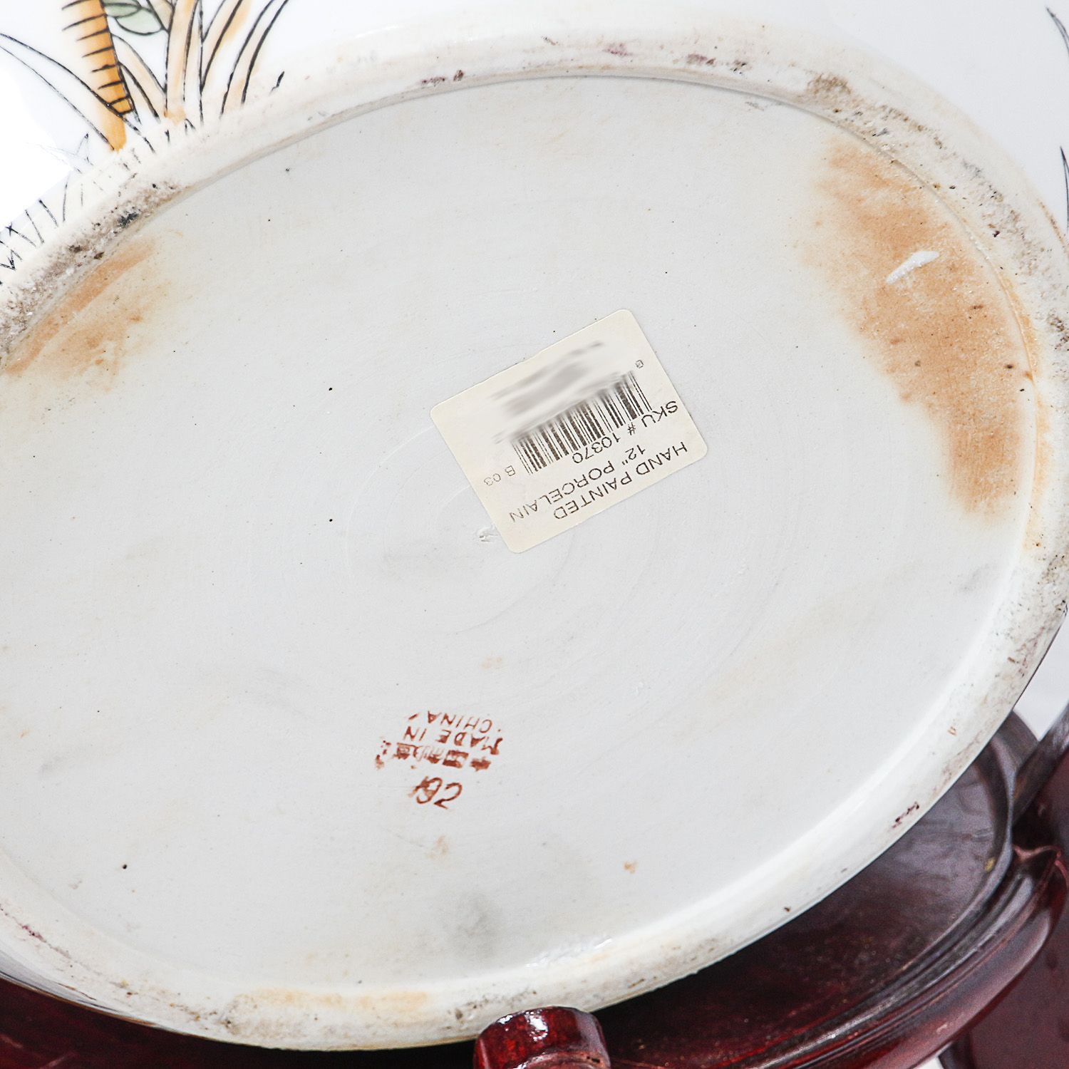 Chinese Hand-Painted Floral and Avian Themed Porcelain Planter with Wooden Stand