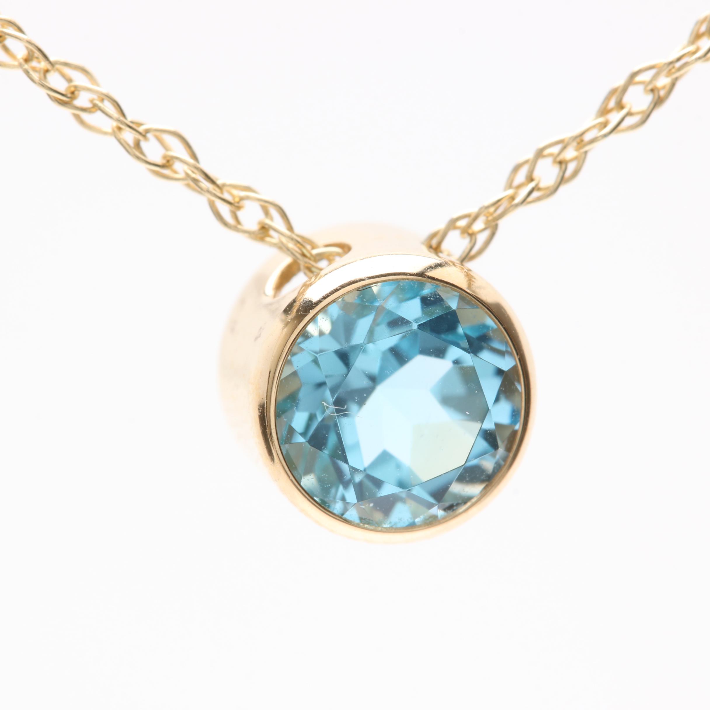 14K Yellow Gold Blue Topaz Pendant Necklace