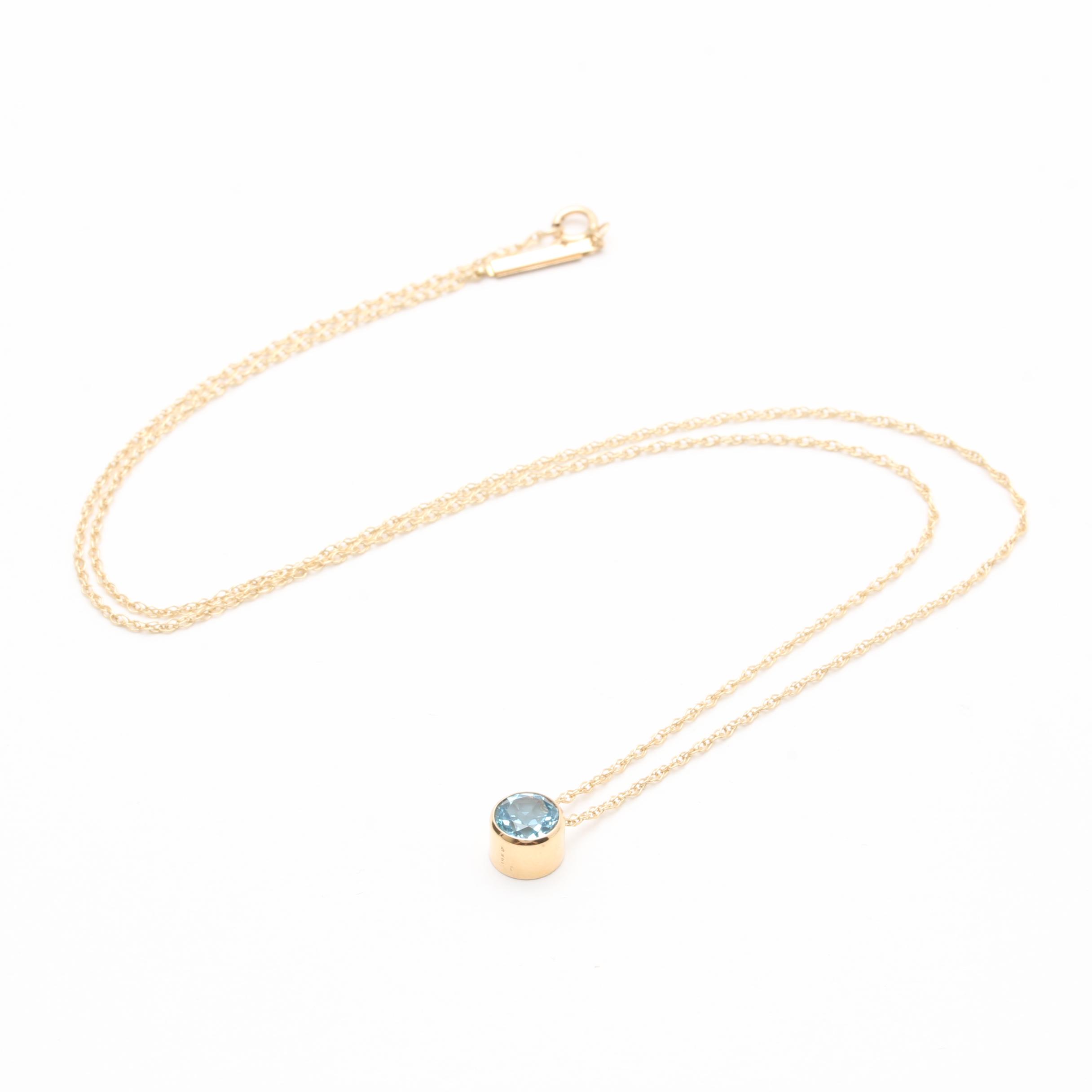 14K Yellow Gold Blue Topaz Pendant Necklace