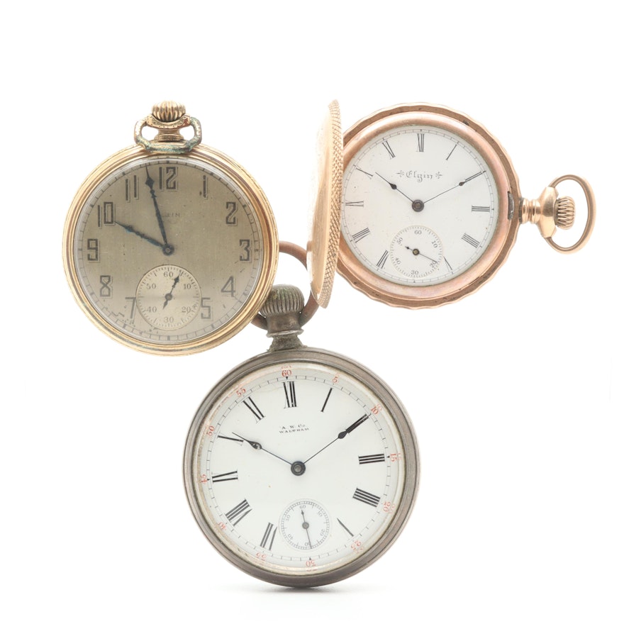 Gold-Tone Pocket Watch Assortment Including Elgin and Waltham