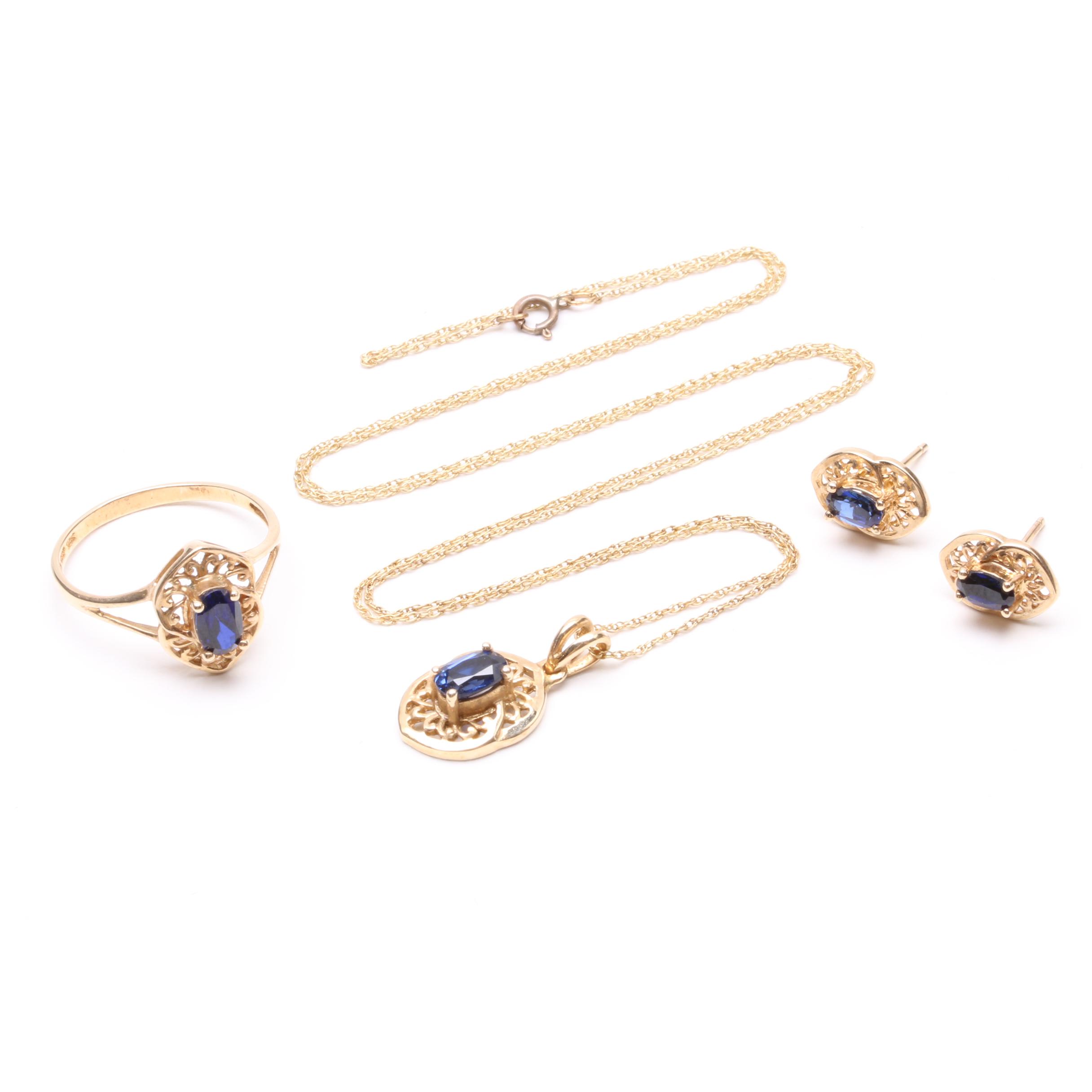 10K Yellow Gold Synthetic Blue Sapphire Demi Parure