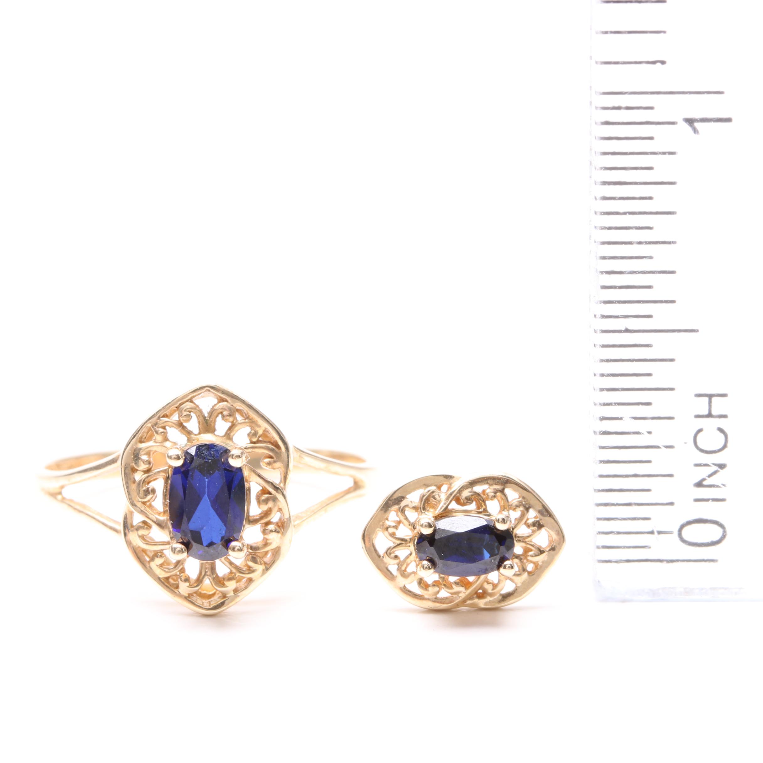 10K Yellow Gold Synthetic Blue Sapphire Demi Parure