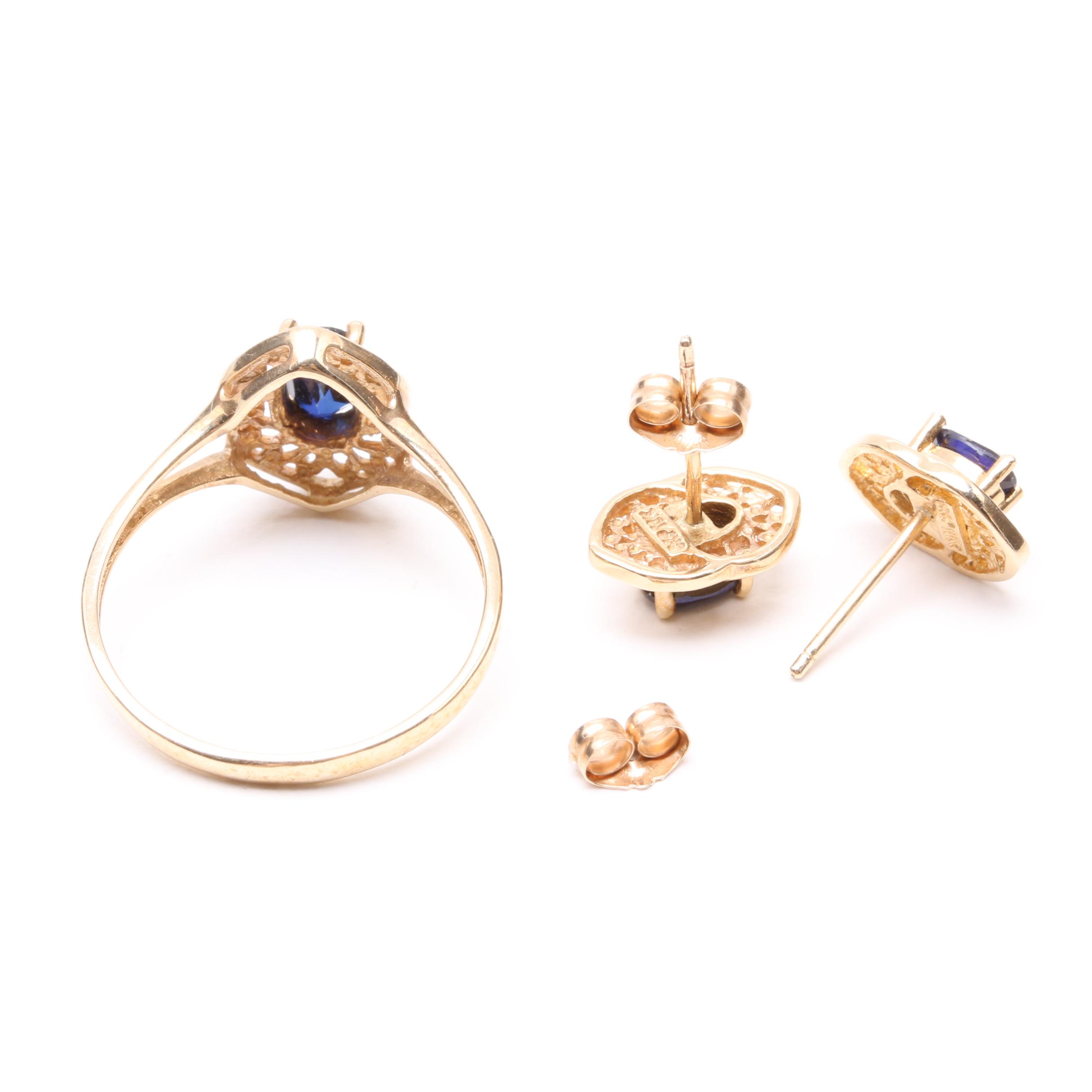 10K Yellow Gold Synthetic Blue Sapphire Demi Parure