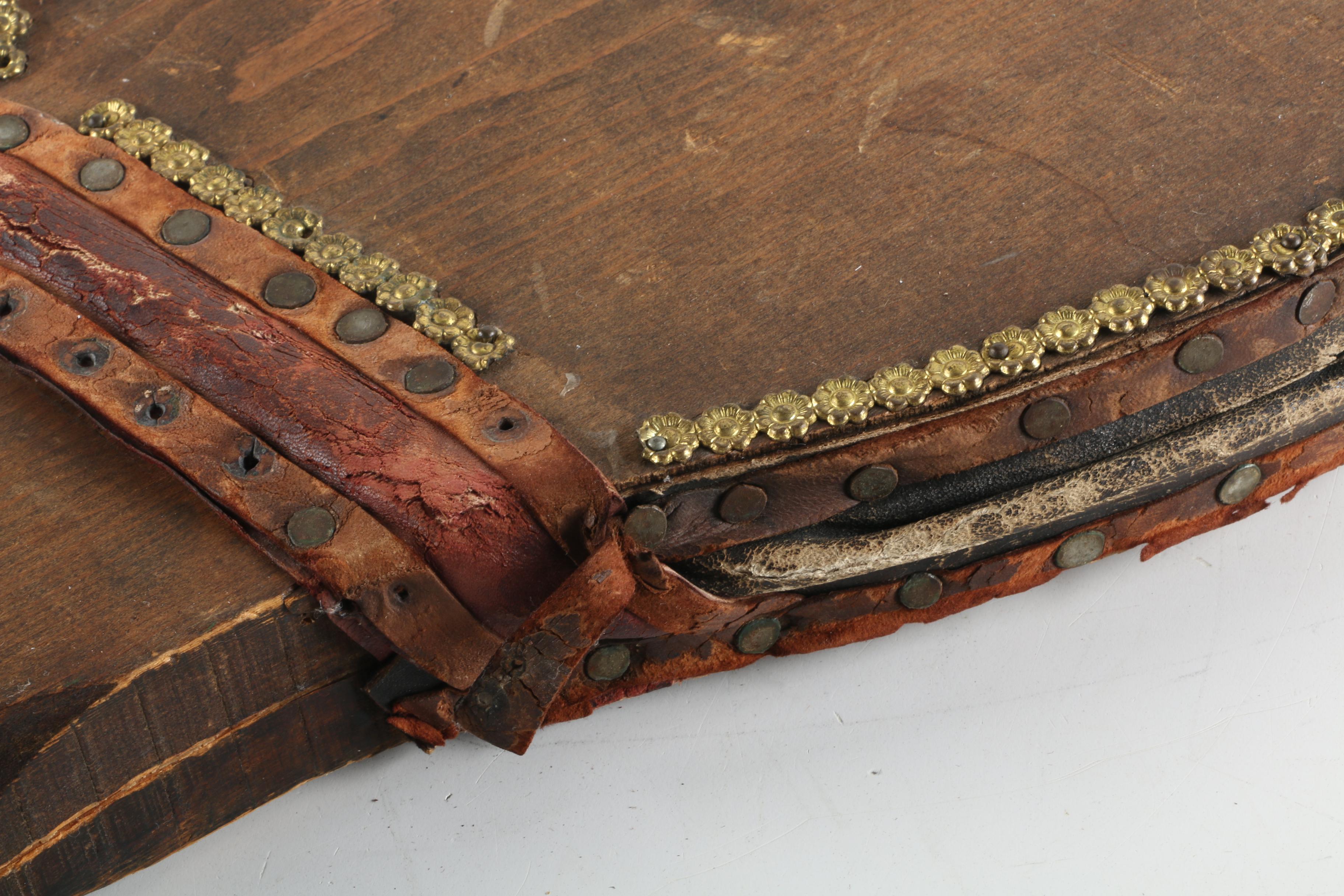 Antique Wooden Bellows with Gold-Toned Floral Accents and Leather Strap