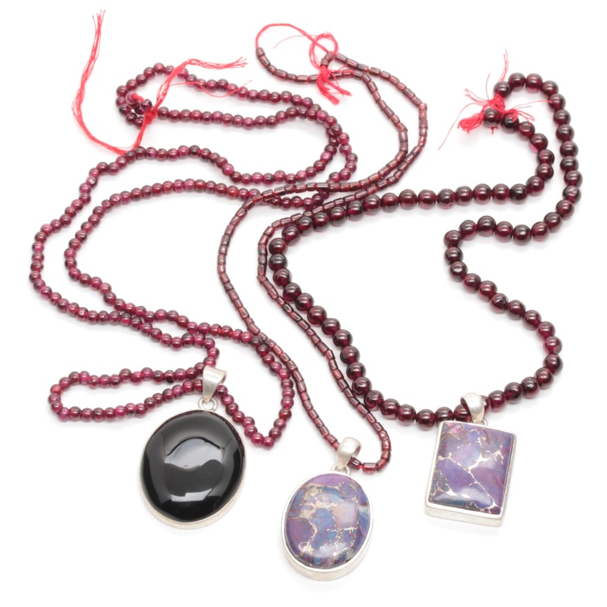 Sterling Silver Pendant Necklaces Featuring Turquoise, Garnet and Black Onyx