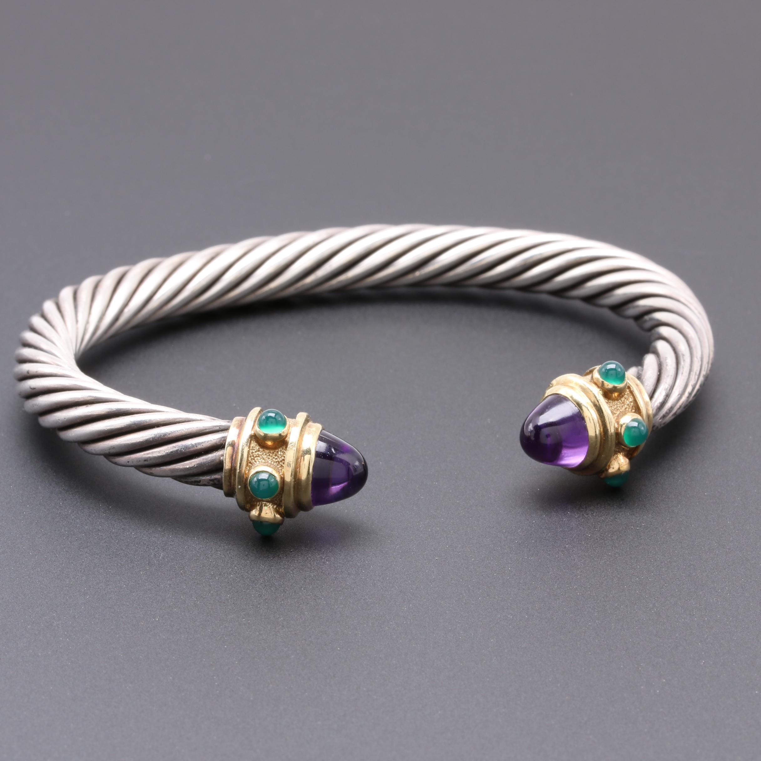 David Yurman Sterling Silver and 14K Yellow Gold Gemstone Cuff Bracelet