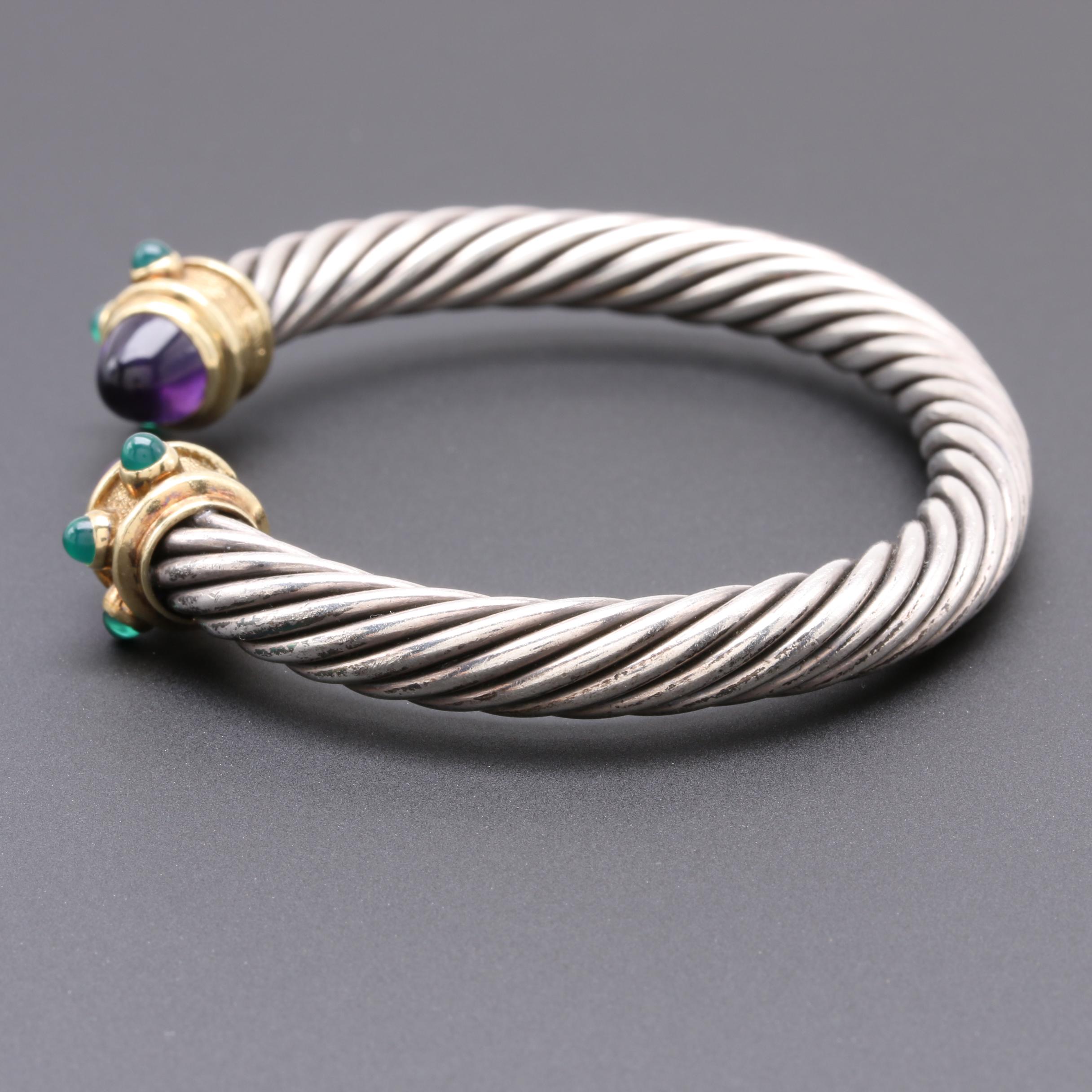 David Yurman Sterling Silver and 14K Yellow Gold Gemstone Cuff Bracelet