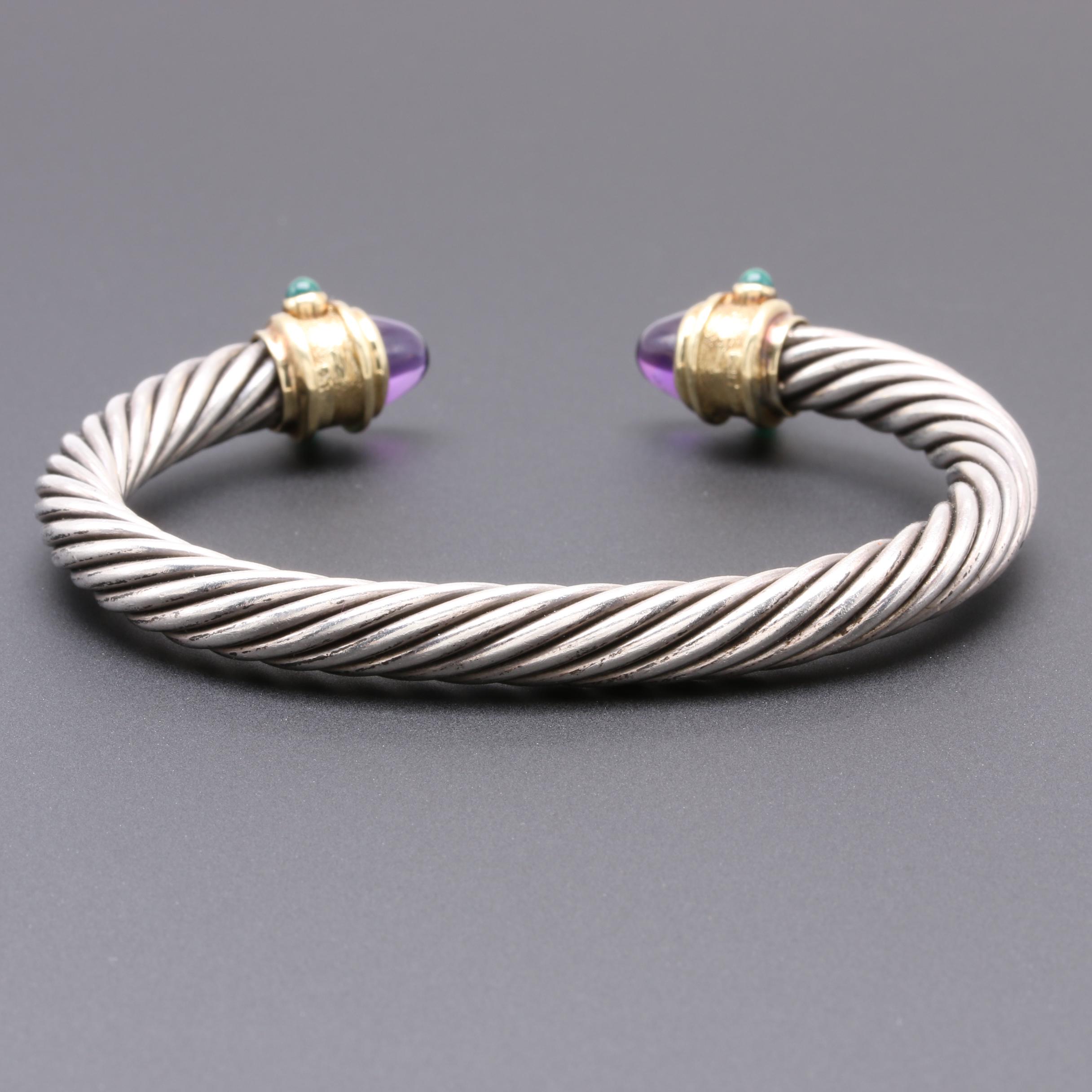 David Yurman Sterling Silver and 14K Yellow Gold Gemstone Cuff Bracelet
