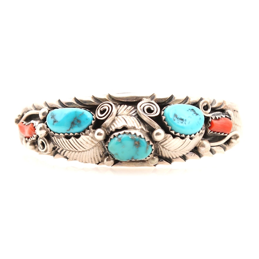 R. Shakey Sterling Silver Coral and Dyed Turquoise Cuff