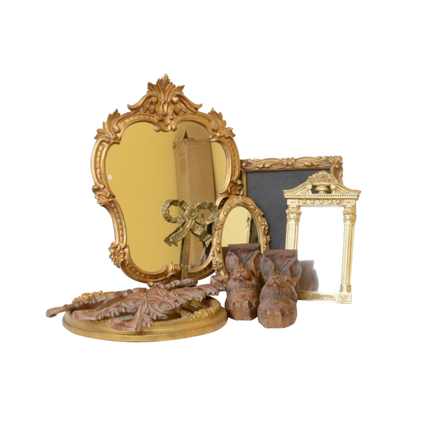 Telle M. Stein Handcast Rabbit Drapery Brackets and Vintage Gold-Tone Mirrors