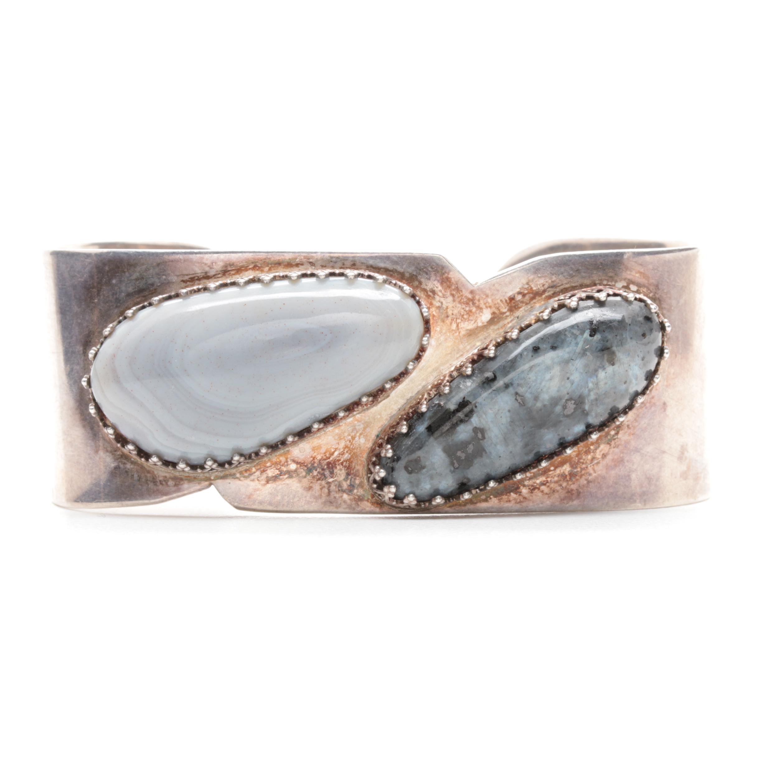 Sterling Silver Agate and Larvikite Cuff Bracelet