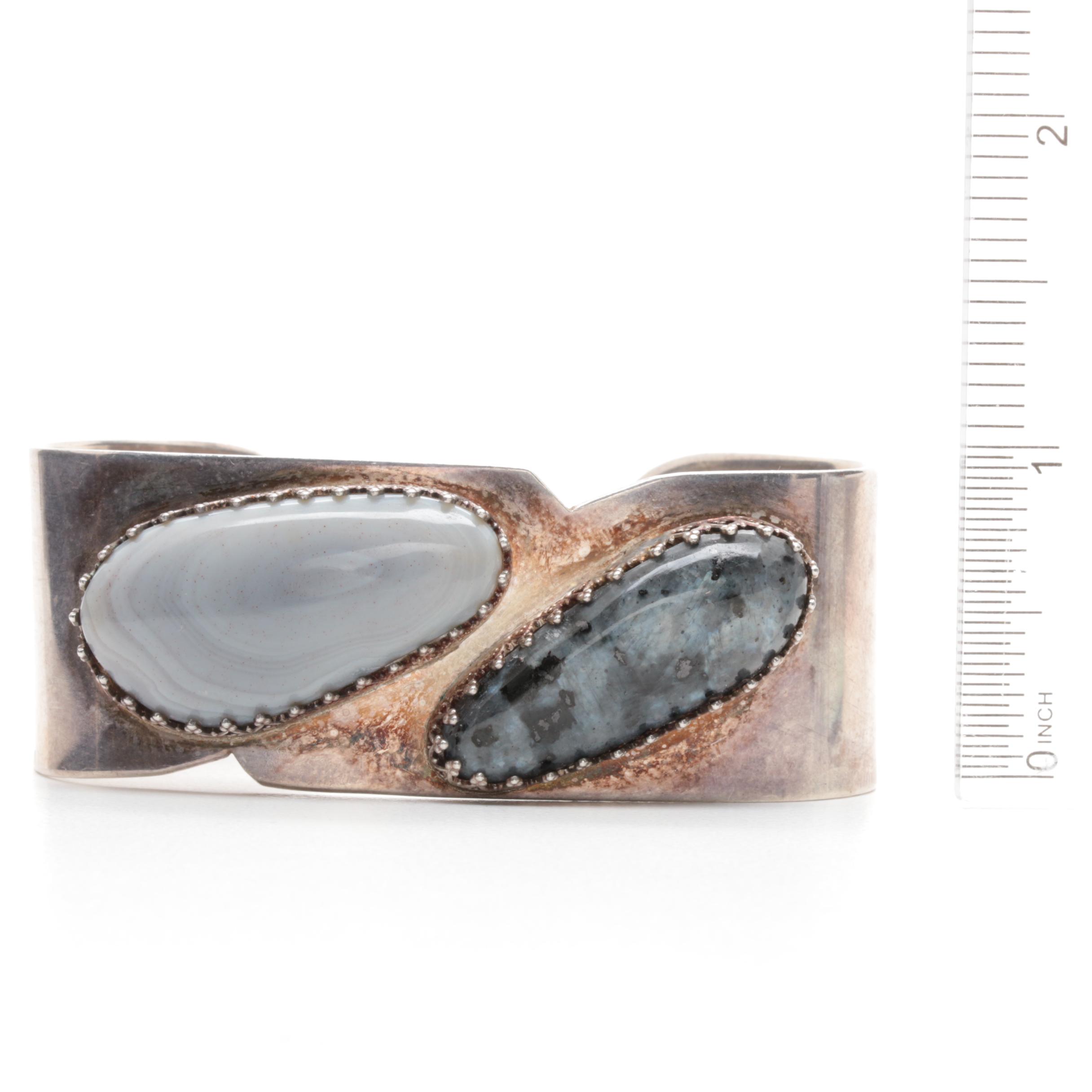 Sterling Silver Agate and Larvikite Cuff Bracelet