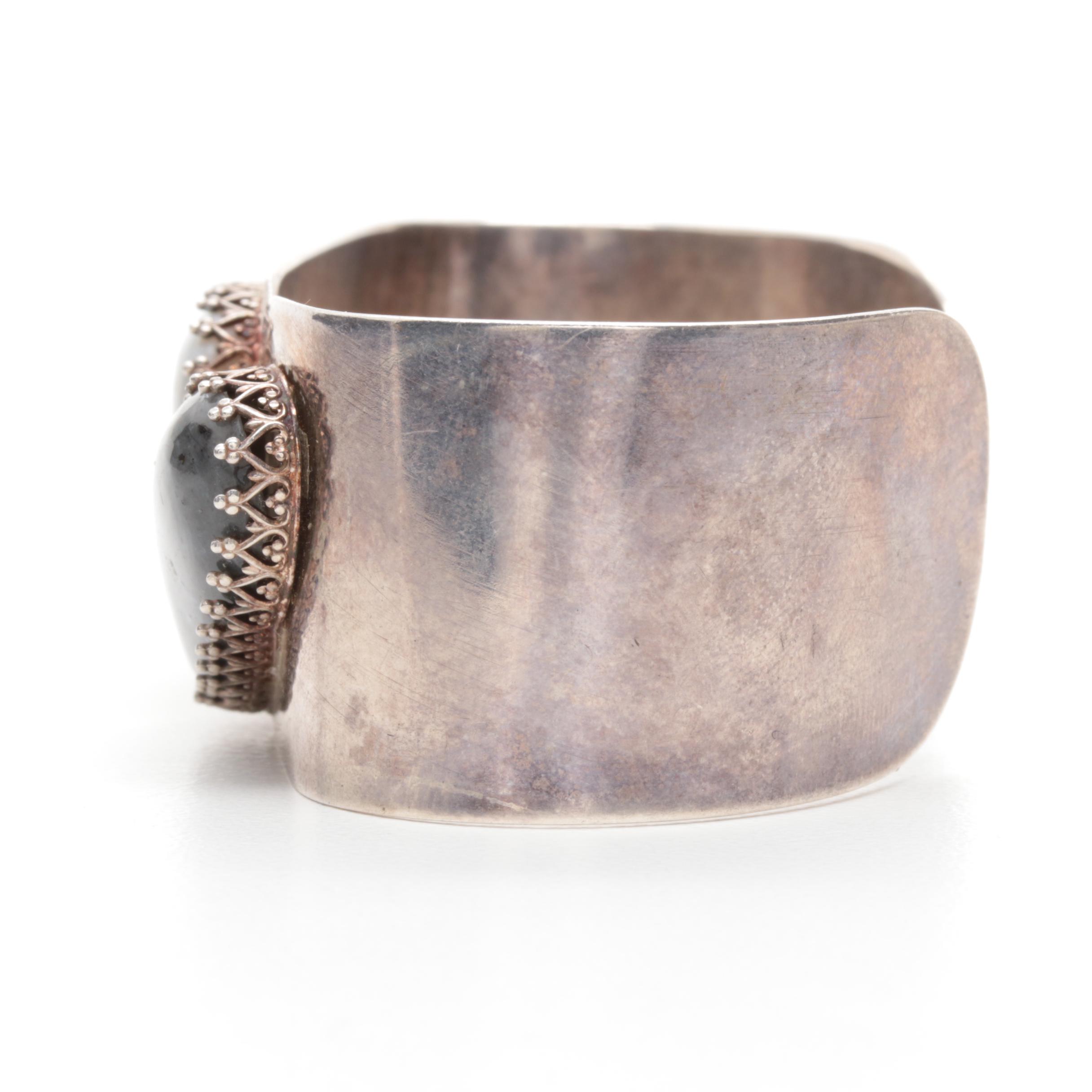 Sterling Silver Agate and Larvikite Cuff Bracelet