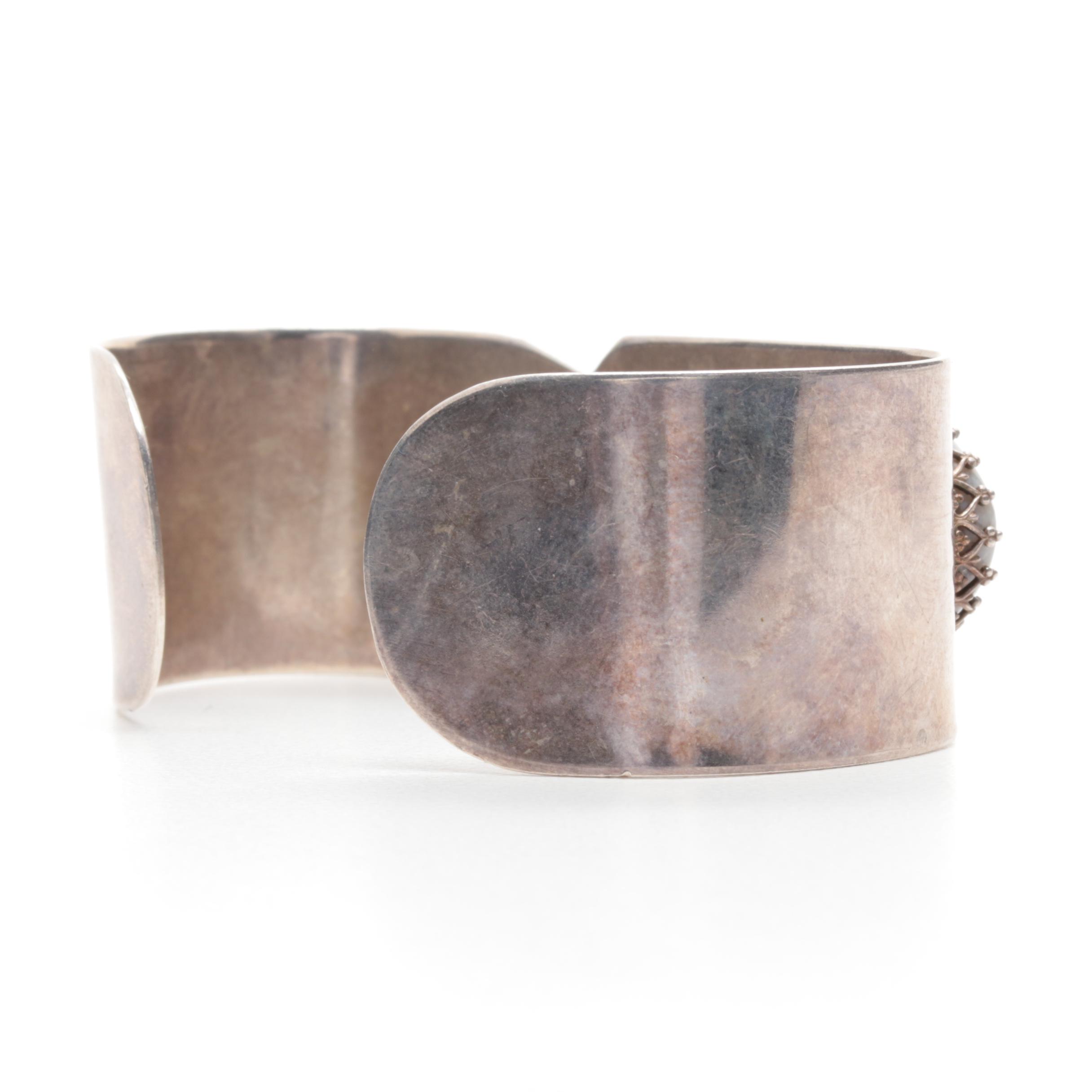 Sterling Silver Agate and Larvikite Cuff Bracelet