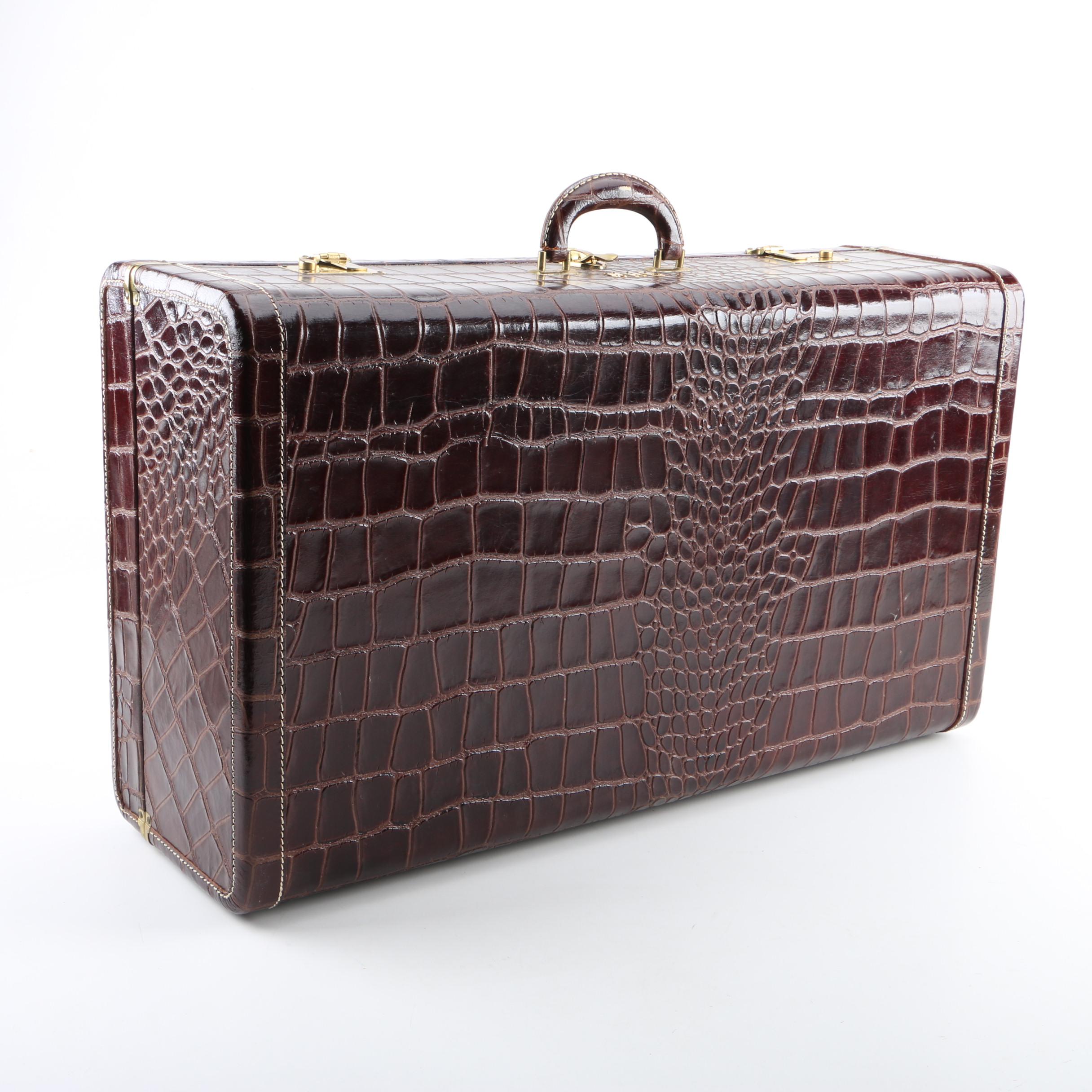 Vintage Faux Alligator Suitcase with Canvas Cover