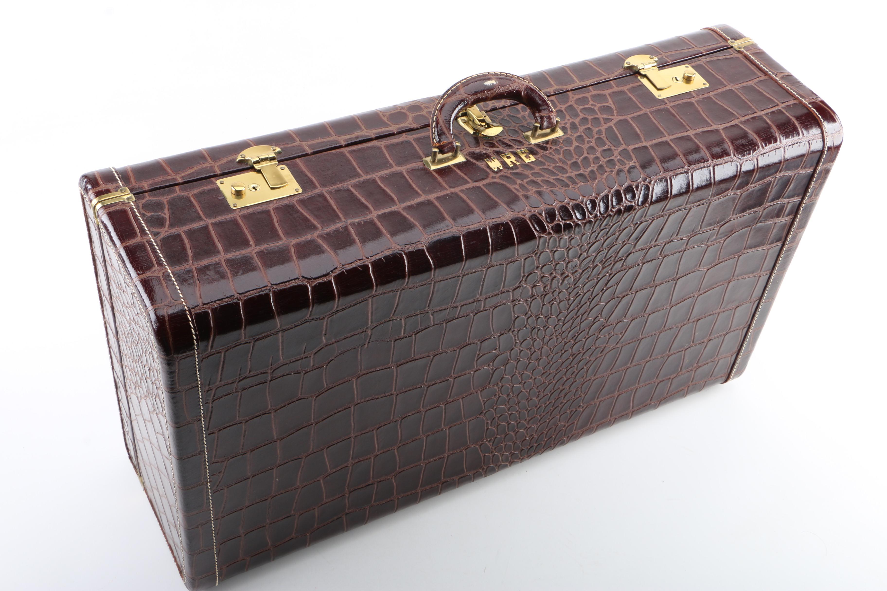 Vintage Faux Alligator Suitcase with Canvas Cover