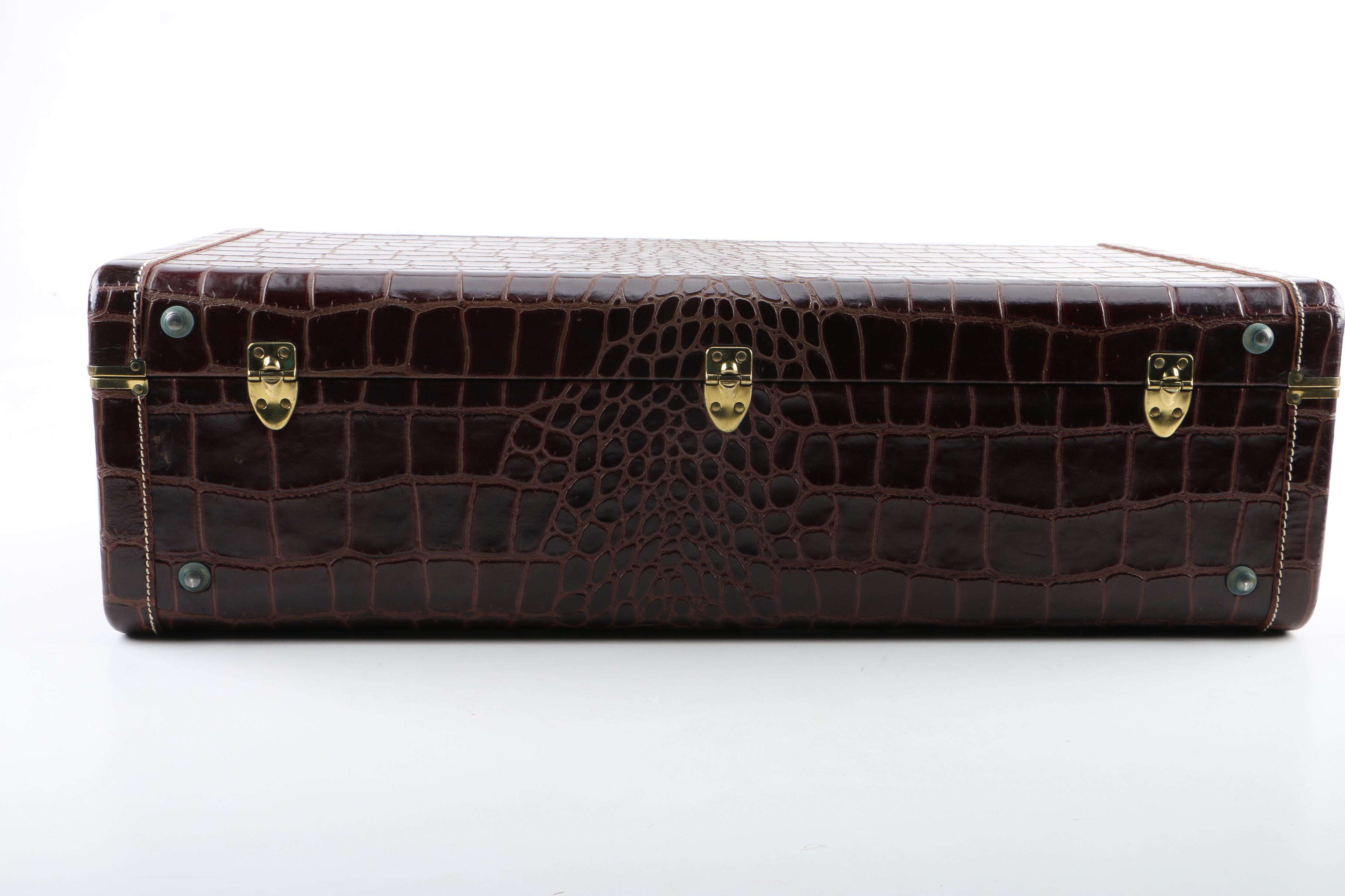 Vintage Faux Alligator Suitcase with Canvas Cover