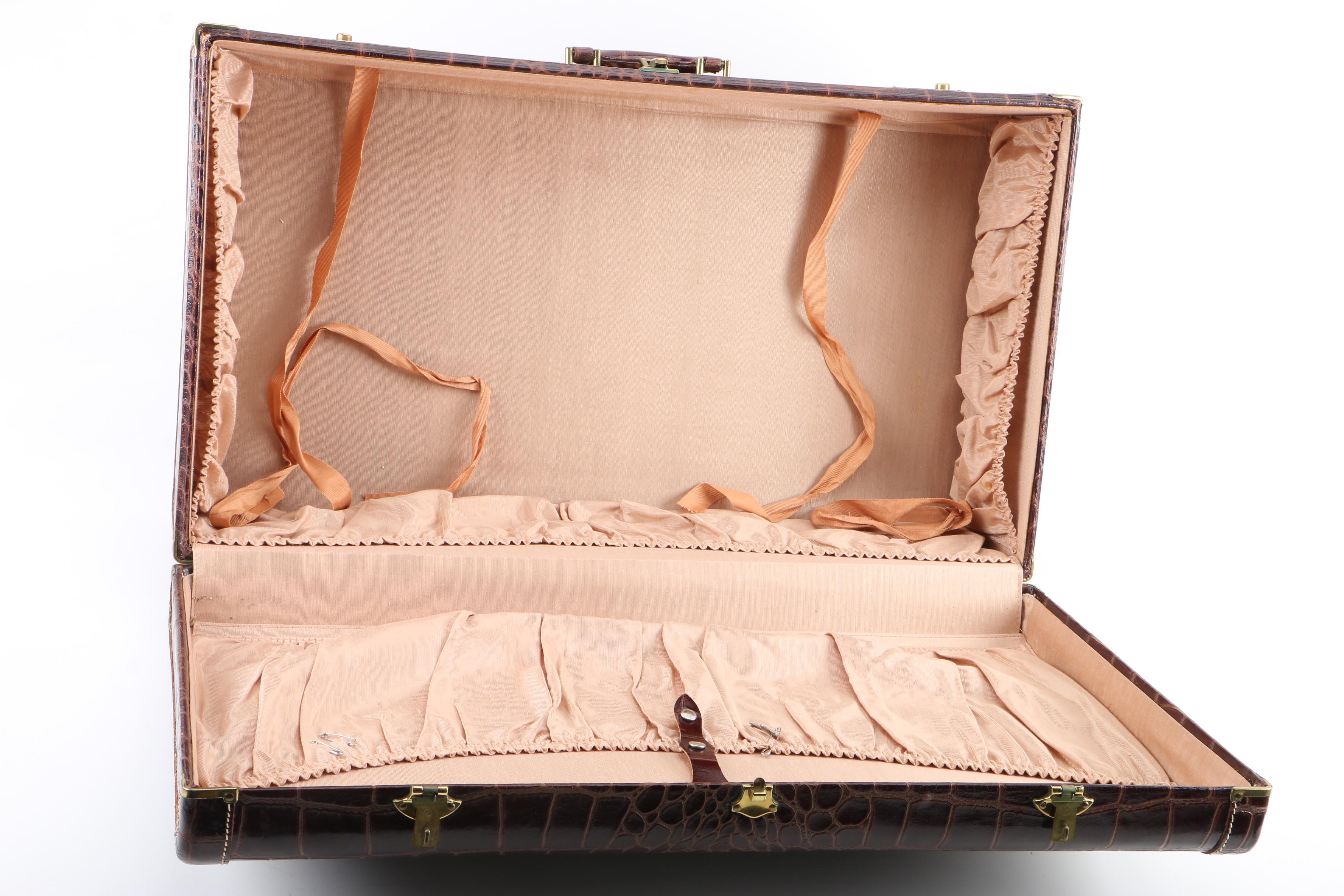 Vintage Faux Alligator Suitcase with Canvas Cover