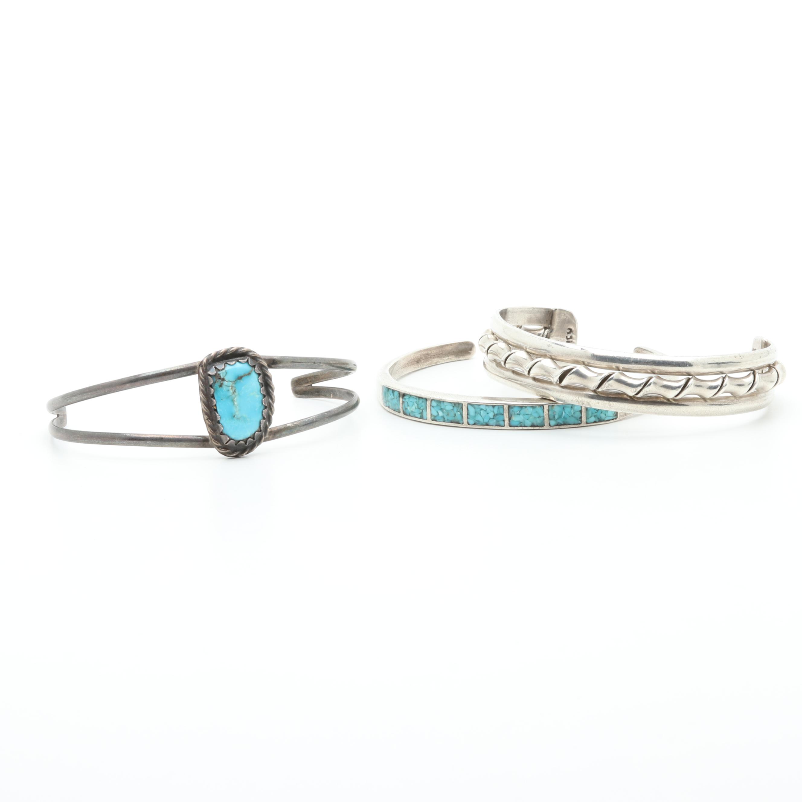 Mexican Sterling Silver Turquoise and Stone Inlay Cuff Bracelets