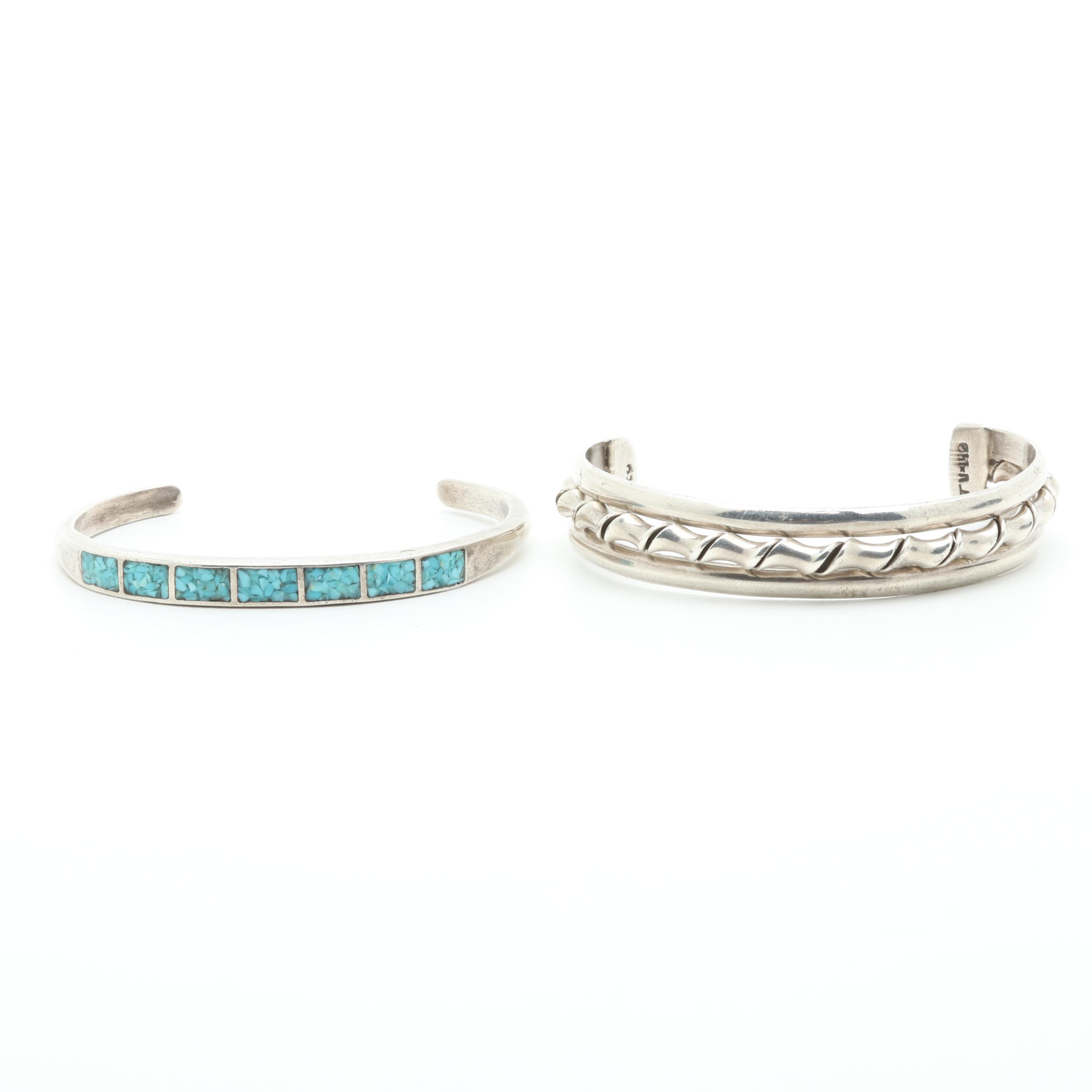 Mexican Sterling Silver Turquoise and Stone Inlay Cuff Bracelets