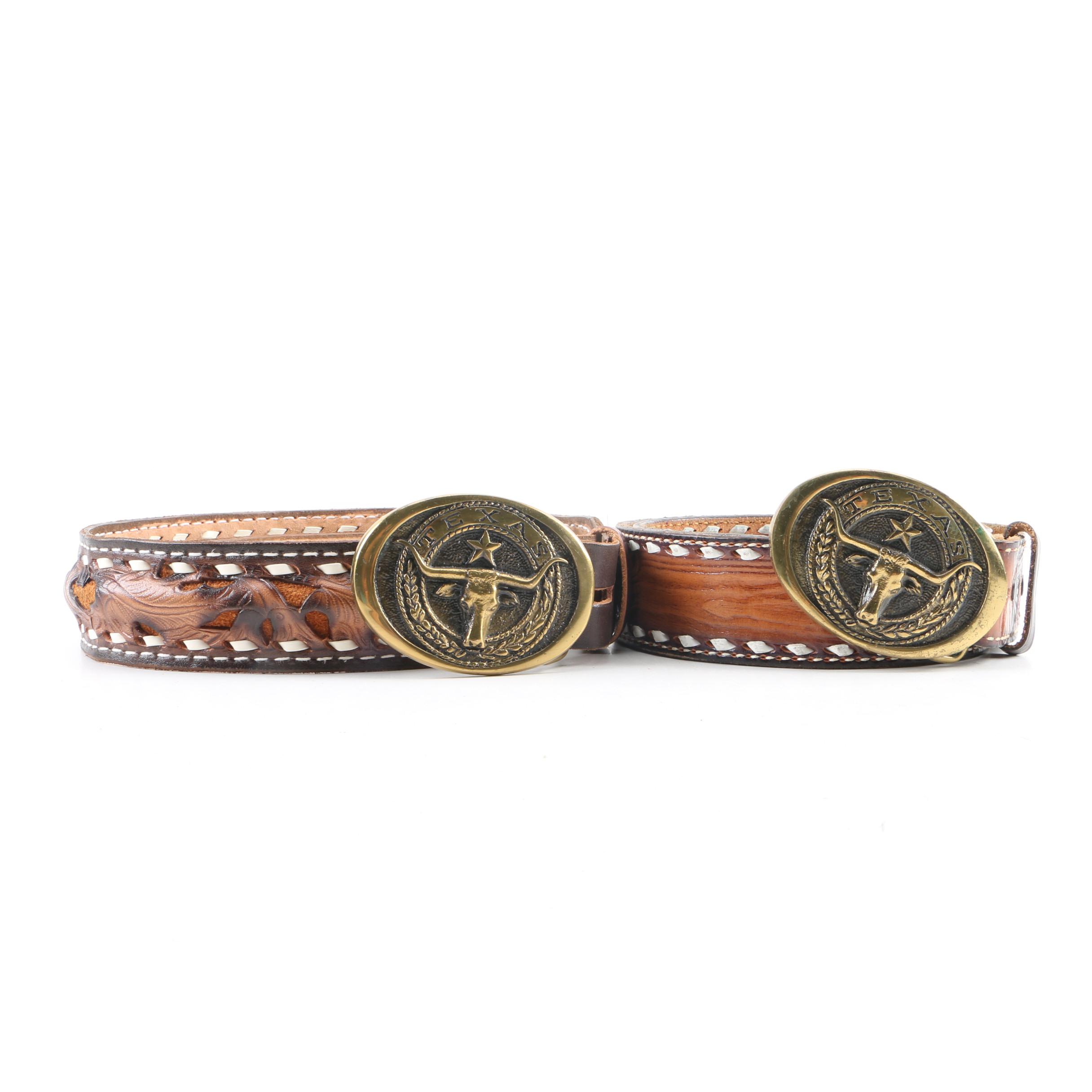 Women's 1970s Vintage Hand Tooled Leather Western Belts with Texas Brass Buckles