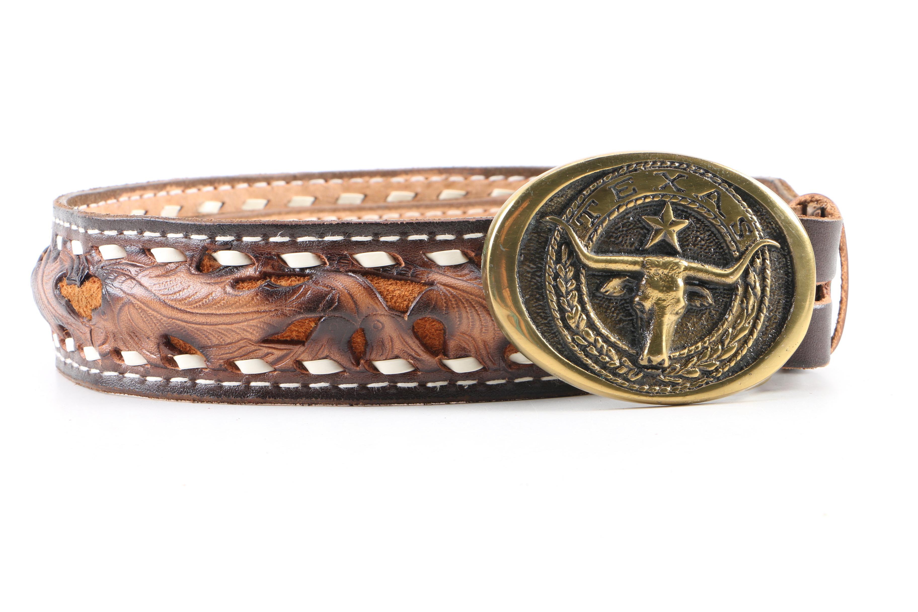 Women's 1970s Vintage Hand Tooled Leather Western Belts with Texas Brass Buckles