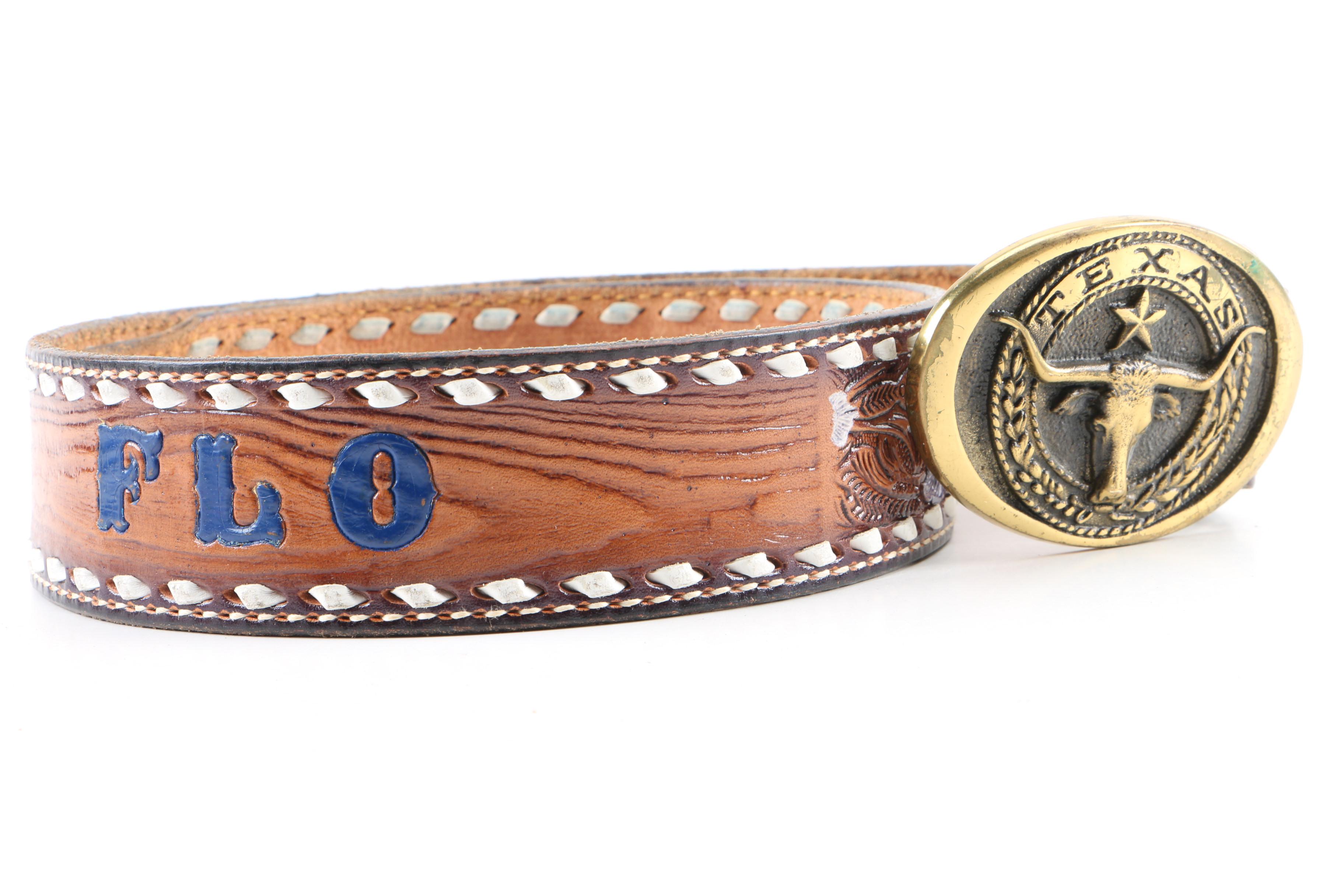 Women's 1970s Vintage Hand Tooled Leather Western Belts with Texas Brass Buckles